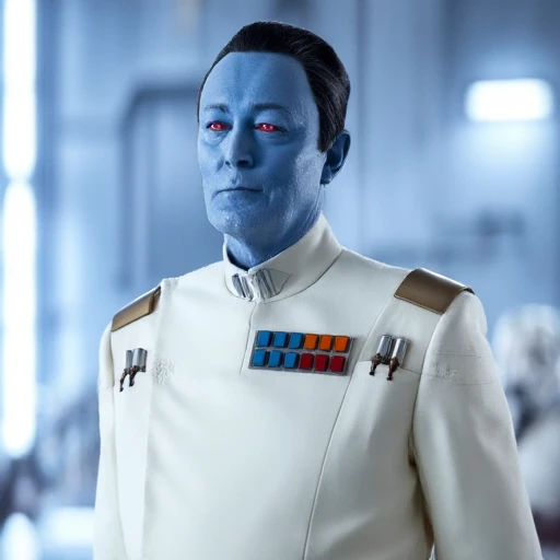 Thrawn. This is a high-resolution CGI rendering of a character from a sci-fi context. The subject is a humanoid alien with striking blue skin, adding to his intimidating presence., specifically the character of Admiral Ackbar. The character is depicted from the chest up, with sharp, a species known for their blue skin and distinctive facial features. He has a pale blue complexion and dark, Thrawn. The image is a high-resolution photograph from the science fiction film "Star Wars: Episode I - The Phantom Menace." It features a character known as Senator Palpatine, with a slightly darker blue on the hairline and around the eyes