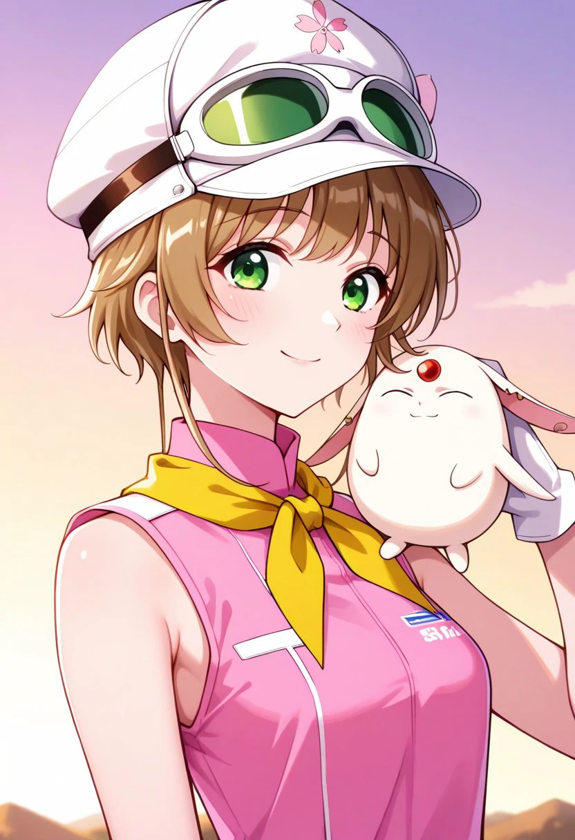 masterpiece, best quality, 
sakura_t, 1girl, solo, green eyes, brown hair, short hair, pilot uniform, hat, white headwear, goggles, goggles on headwear, yellow neckerchief, shirt, pink shirt, sleeveless, gloves, white gloves, mokona,  on shoulder, smile
outdoor,