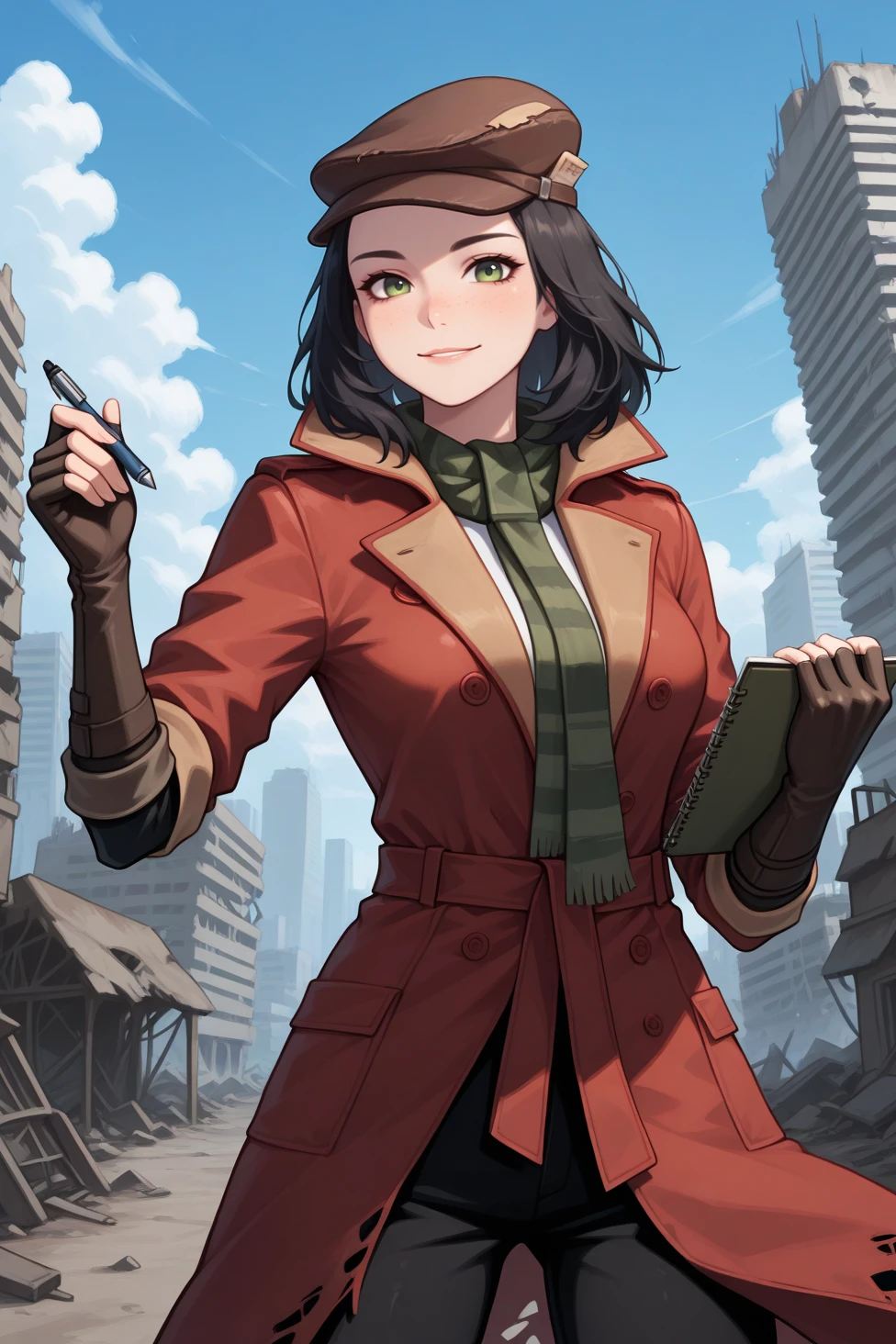 masterpiece, best quality, cowboy shot, looking at viewer, smile, 1girl, p1p3r, freckles, black hair, forehead, green eyes, medium hair, medium breasts, two-tone coat, brown cabbie hat, red coat, brown coat, torn coat, green scarf, undershirt, black pants, elbow gloves, brown gloves, leather gloves, fingerless gloves, holding notebook, holding pen, dynamic pose, outdoors, post-apocalypse, city, slums, building, blue sky, cloud, <lora:Hoseki_Fallout_PiperWright_IllustriousXL_v1:1>