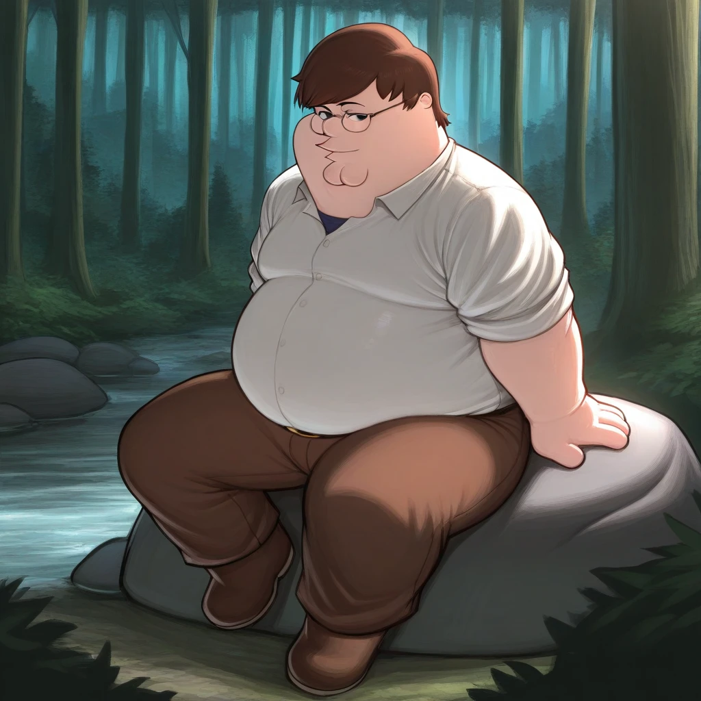 masterpiece, best quality, Peter Griffin, fat man, 1boy, solo, brown hair, short hair, black eyes, glasses, white shirt, brown pants, brown footwear, sitting on rock, forest, <lora:PeterGriffin_iamkowai_illustrious_Leaf1:1>,