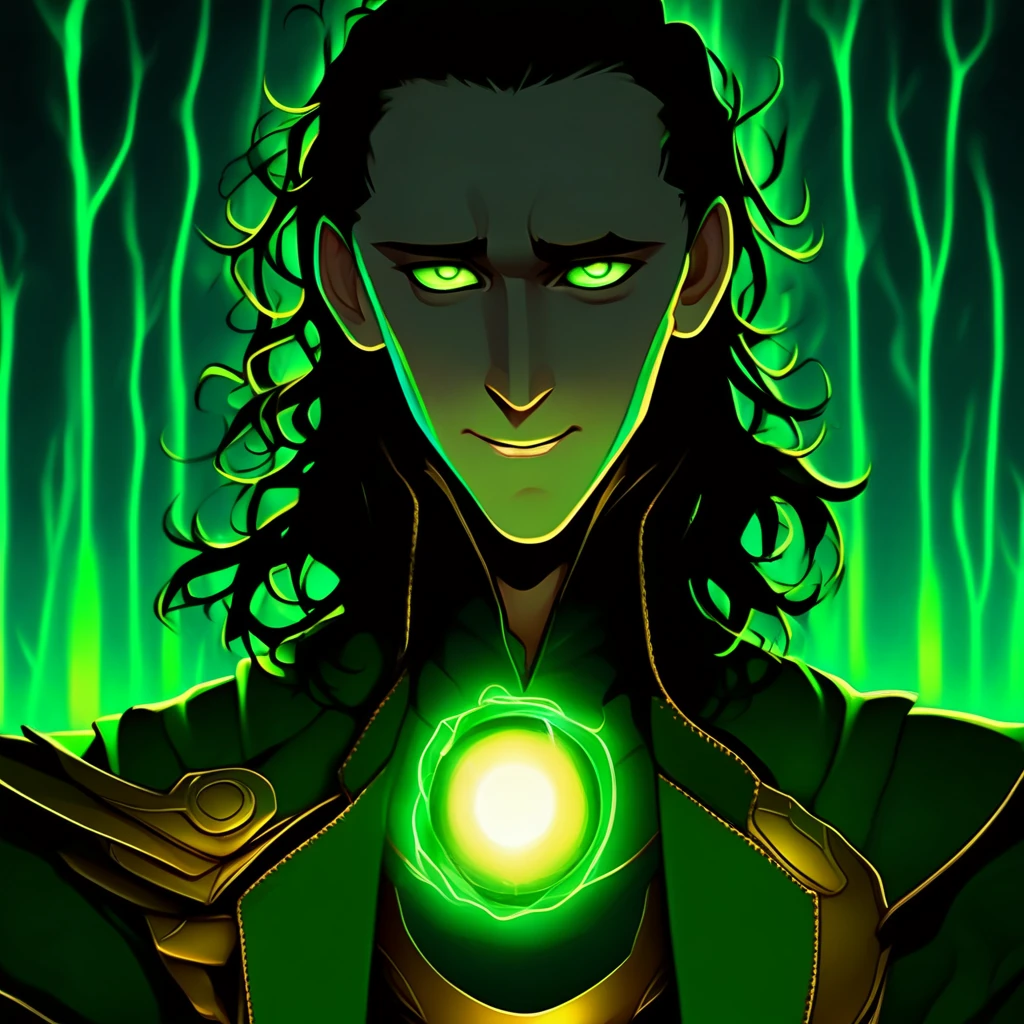 Loki, anime, mischievous, looking at viewer, glare, glowing eyes, green eyes