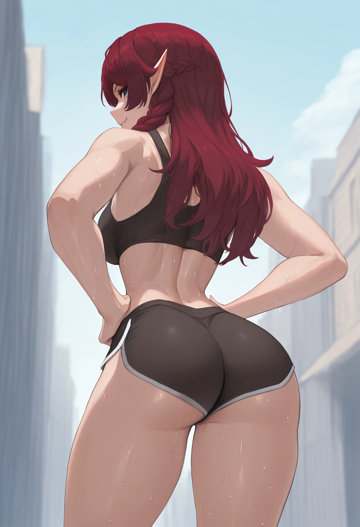 Highest quality　detailed　8k 20th generation (pubic hair)　(Big Breasts)　Shapely breasts　Shapely butt　Tight waist　(Dark Skin)　shame　Smile　Green Eyes　Redhead　ponytail　Looking up from below　(Sweat:1.0)　black gym shorts