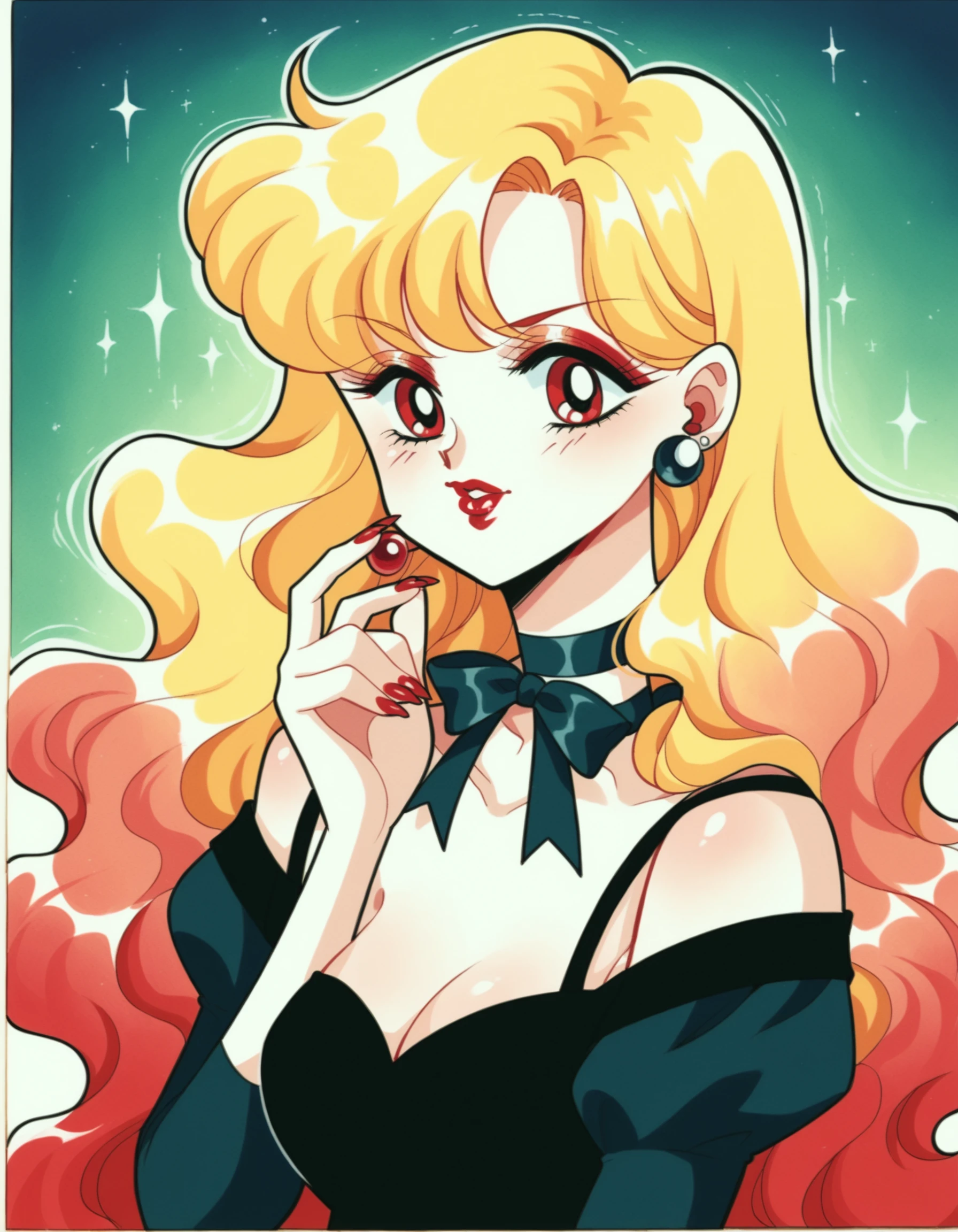 Naoko Takeuchi Style, 1girl, solo, long hair, blonde hair, red hair, gradient hair, mulitcolored hair, red eyes, dress, ribbon, jewelry, upper body, earrings, choker, nail polish, black dress, makeup, wavy hair, lipstick, red nails, retro artstyle, ribbon choker, MangaDetailPnyXL, <lora:NaokoTakeuchyPonyXL:0.8>