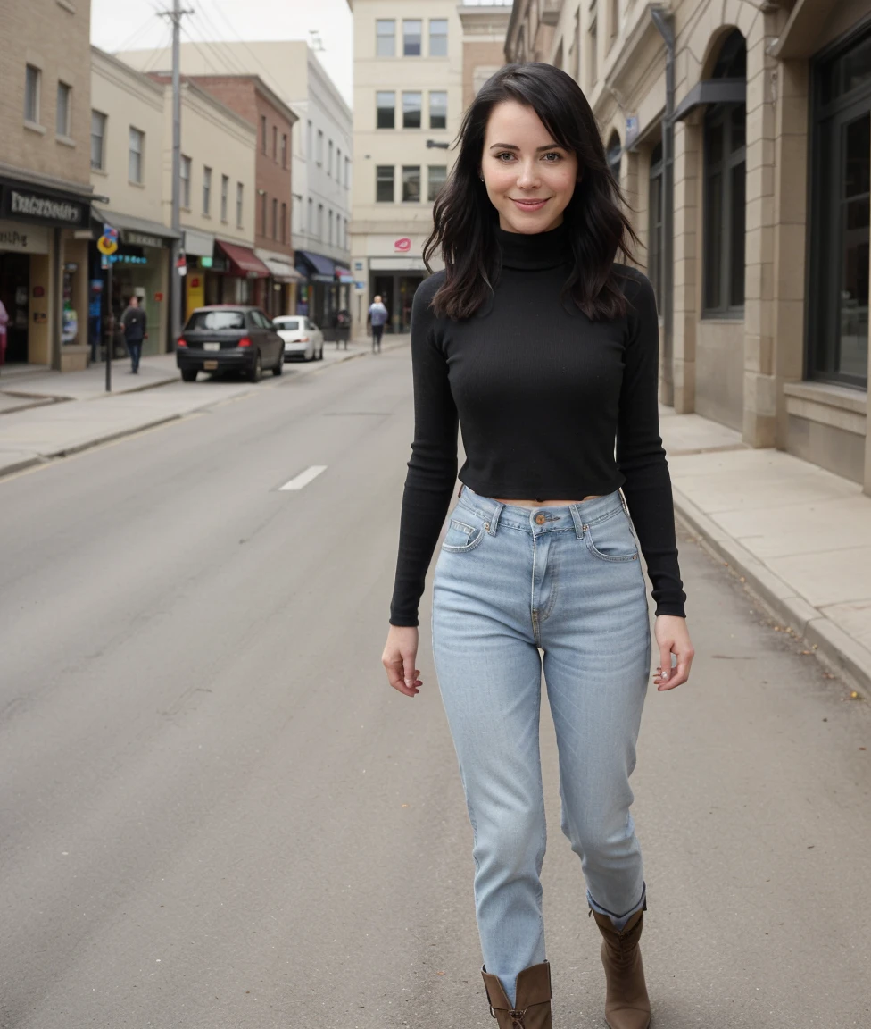 a professional absurdres intricately detailed sharp focus photorealistic close-up full-torso photograph of beautiful solo (Delaney_Tabron:1.1) with a warm smile
strolling down a market street in a quaint town largely abandoned since the mid-80s when the largest employer relocated to a city 300 miles away, wearing a random-colored turtleneck and faded blue jeans with fashionable boots, with a random hairstyle,
 <lora:Delaney_Tabron-SD:0.8>