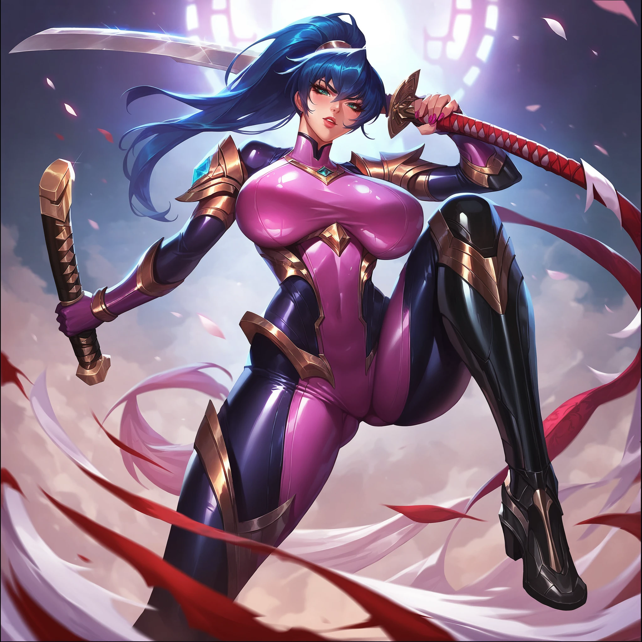 score_9, score_8_up,score_7_up, masterpiece,high quality,1girl,, League of Legends,,splash art,  <lora:League_Of_legends_Splash_2:0.7>,  <lora:IgawaAsagi:1> IGAWA_ASAGI,bodysuit,latex,Massive breasts,sword,katana