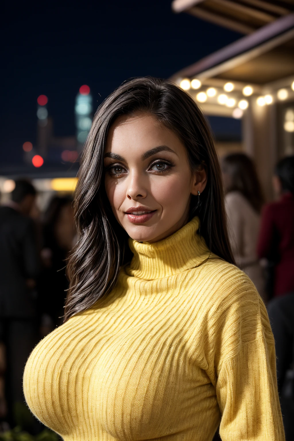 realistic,best quality,(masterpiece:1.2),absurdres, intricate details. A stunning, captivating woman stands confidently at a glamorous New Yearâs Eve celebration. She ((wears a knitted yellow turtleneck jumper)).Her sultry gaze meets the viewerâs, her lips curved into a playful smile. Her wavy, jet-black hair cascades over her shoulders, accentuating her radiant beauty.
The setting is a landscape with Smooth Texture in a backlighting, with vibrant fireworks bursting in the background, painting the night in vivid colors. Golden and silver streamers hang around her, while the soft glow of fairy lights wraps the scene in festive warmth. The camera captures her from a mid-shot angle, using an 85mm lens for a cinematic feel, with a shallow depth of field blurring the sparkling cityscape below. A soft bokeh effect enhances the atmosphere, adding depth and magic to the scene.  <lora:nina_mercedez_LoRA_0.1:1>, mrcdz, mercedez,
massive breasts, fake breasts, <lora:Serious_Fakes:0.7>, <lora:more_details:0.7>, from front, ((looking at viewer)). <lora:lora_perfecteyes_v1_from_v1_160:0.7>, photo of perfecteyes eyes, perfecteyes, dark brown eyes. perfect hands, detailed hands. <lora:Hand v3 SD1.5:0.7>