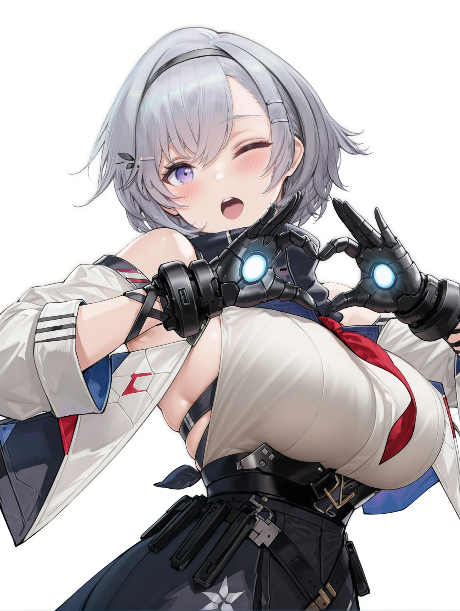 masterpiece,best quality,amazing quality,
solo,1girl,
<lora:reno_ilxl_v1:1>,reno,grey hair,purple eyes,hairband,hairclip,hair ornament,r_clothes,gauntlets,bare shoulders,detached sleeves,black skirt,
<lora:Fixhands_anime_bdsqlsz_V1:1>,cinematic_angle,dynamic_angle,white_background,simple_background,face_focus,looking_at_viewer,light_blush,sparkle,portrait,one eye closed,heart hands,cowboy_shot,from_side,arched_back,open mouth,, masterpiece,best quality, very aesthetic, absurdres, ultra detailed, high resolution, 4k, extremely detailed CG,