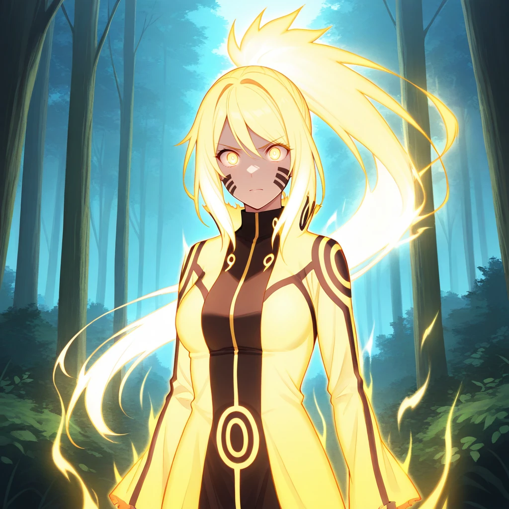 masterpiece, best quality, BijuuMode, aura, glowing hair, glowing clothes, yellow hair, 1girl, solo, long hair, high ponytail, dress, upper body,  <lora:BijuuMode_illustrious_Leaf2:1>, forest,