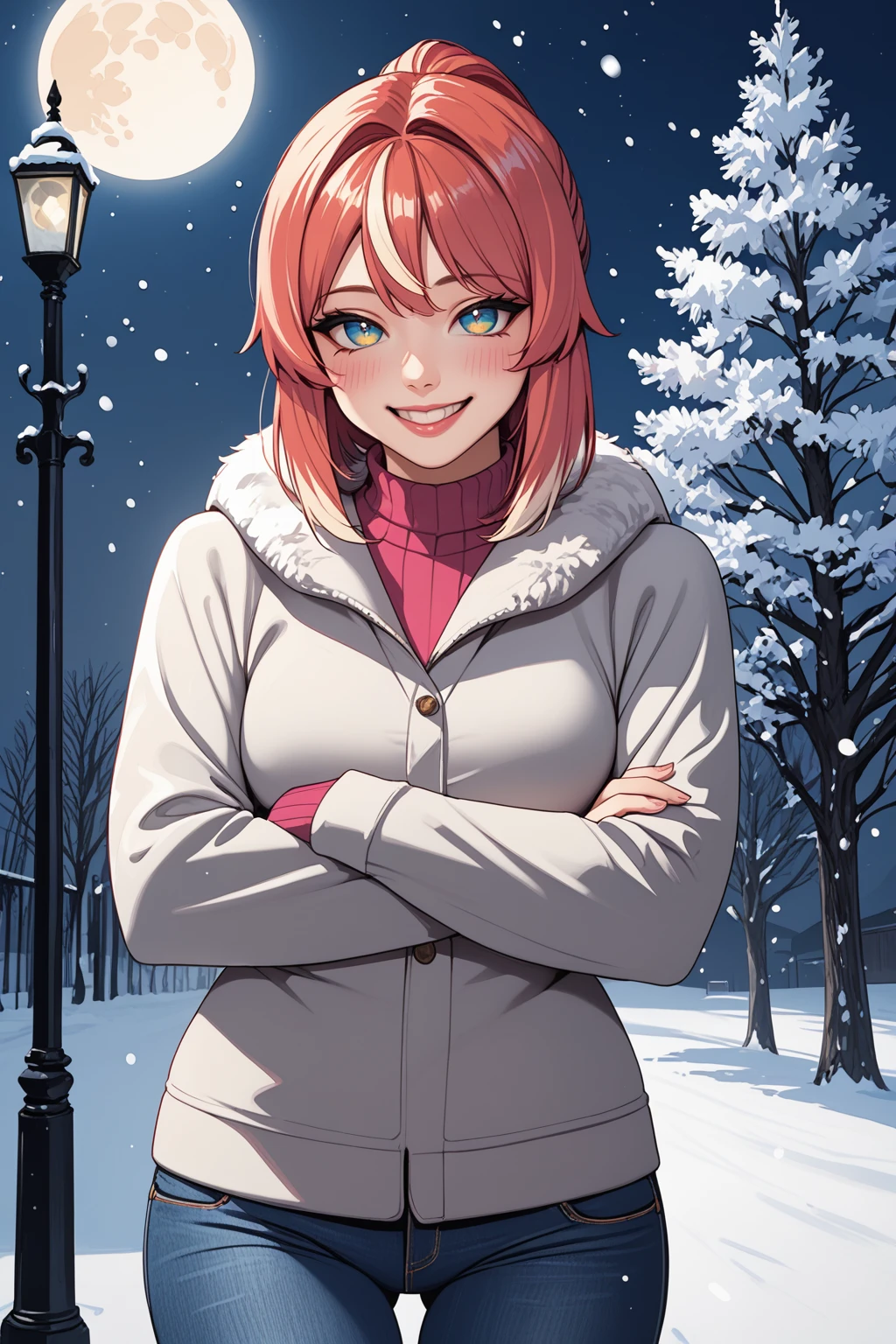 score_9, score_8_up, score_7_up, masterpiece, high quality, BREAK, realistic
 <lora:Lana FoxPonyLora:0.8>lana, short hair, multicolored hair, bangs, ponytail, collar, winter coat, pullover, jeans, winter, snow falling, night, moon, smile, blush