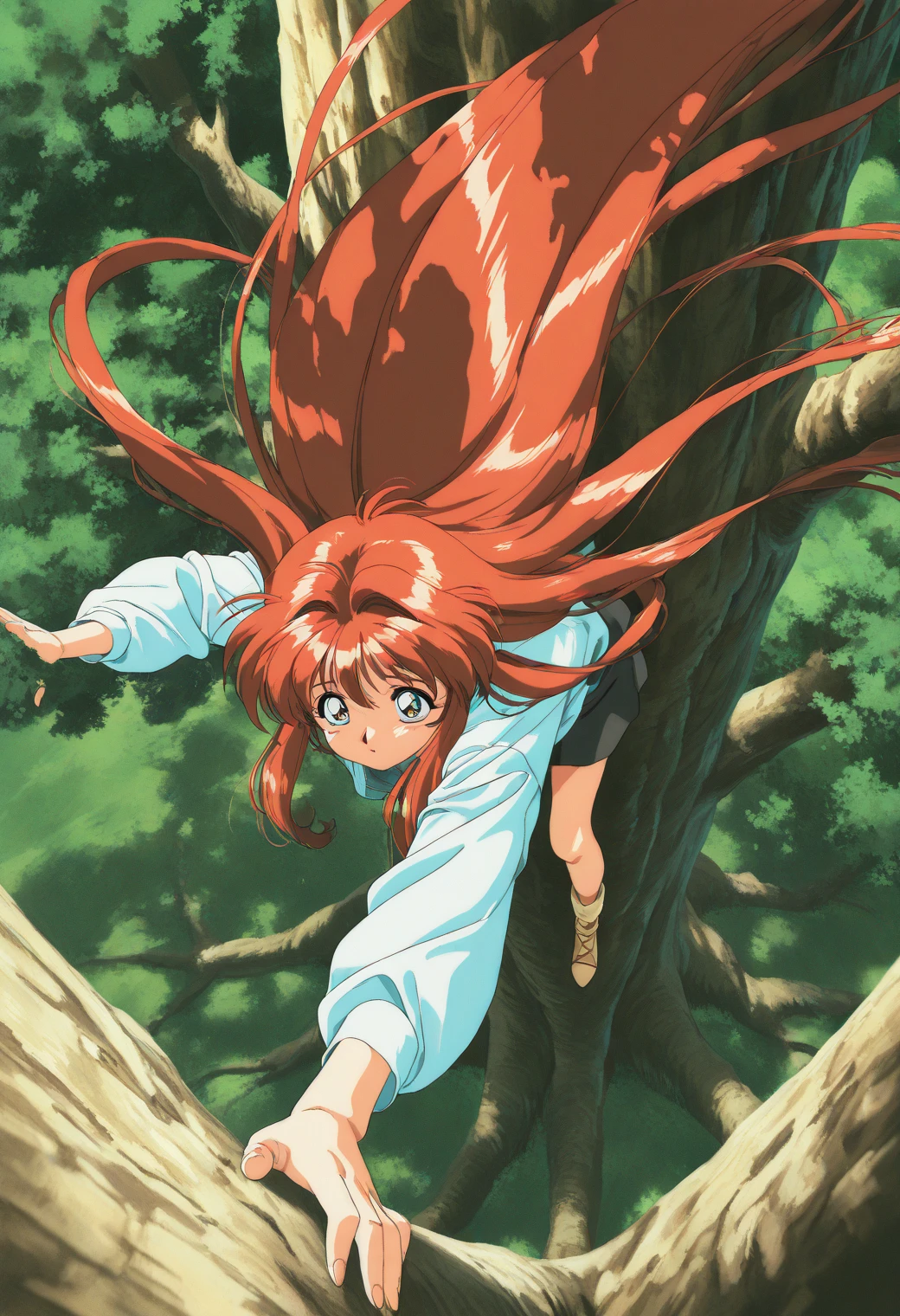 masterpiece,best quality,amazing quality,very aesthetic,absurdres,newest,impactful picture,offcial art,movie perspective,
1990s \(style\),anime coloring,Yuuki_Mizuho_OVA,
1girl,solo,big tree,propped up the trunk,very long hair,hair blown by the wind,from_above,