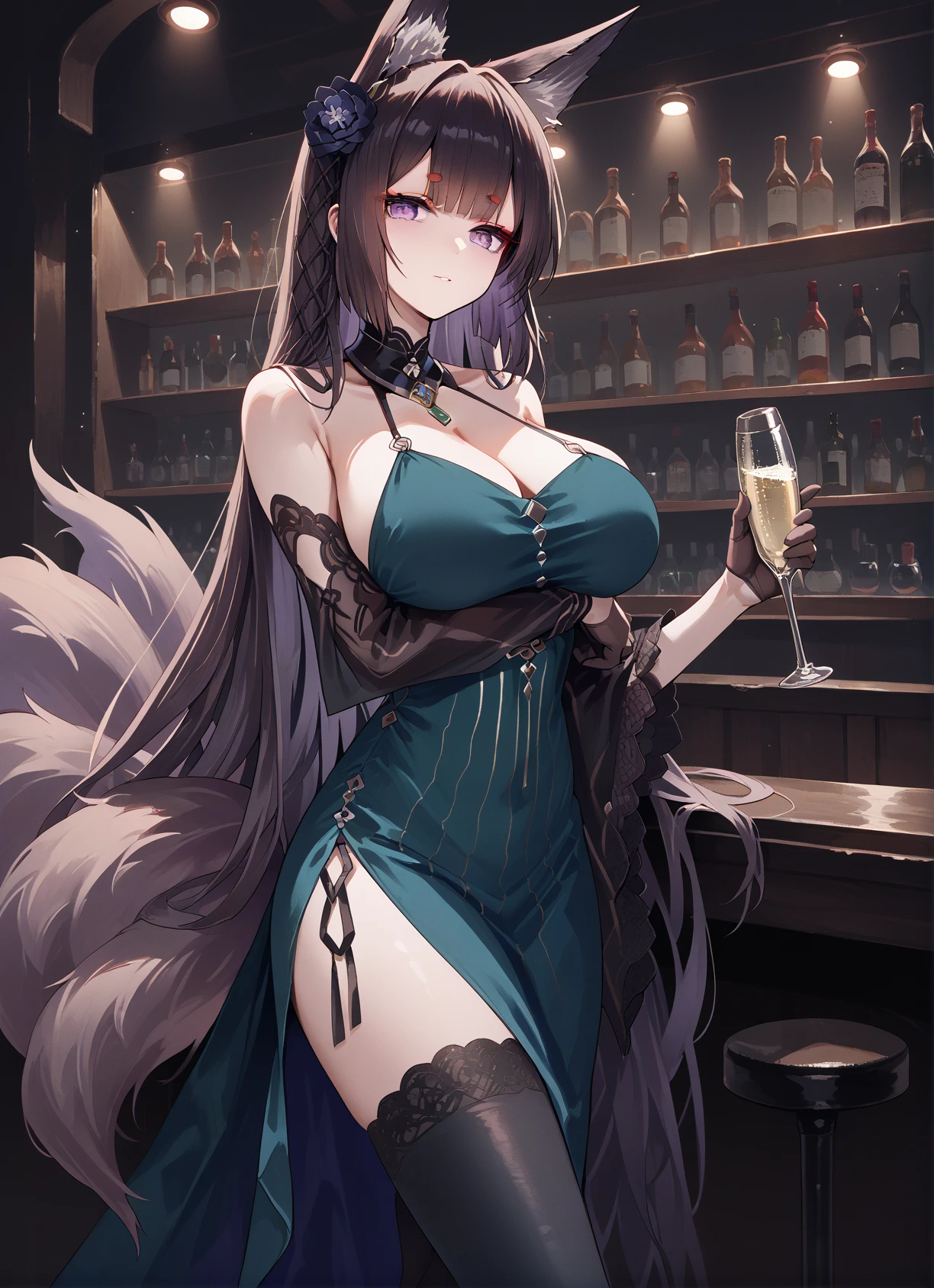 (from below:1.4),(from side:0.9), ((Face)), (Close-Up:1.0), masterpiece,"A 26-year-old girl stands at a bar counter. She is dressed in a stylish off-shoulder dress, sweater dress, off-shoulder sweater, red sweater,garter stocking, cleavage:1.1, midriff, black shorts, black thighhighs, thigh strap, pretty girl, (highly detailed beautiful face and eyes,firm breasts),real skin,((black,hair,long pony tail hair)),thin pubic hair,cute and lovely pose, detailed eyes, This masterpiece is only visually stunning but also tells,(double breasted:0.6,under bust:0.6),(with sparkling eyes and a contagious smile),open mouth. The bar is beautiful, with colorful bottles of alcohol in the background and a soft glow from neon lights. The atmosphere is relaxed, and the girl looks confident and fashionable.",full body, sexy pose,make a cocktail , in a bar counter, Looking at Viewer,