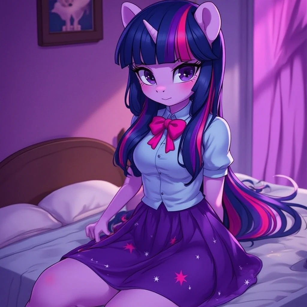 twilight sparkle in dress, human, detailed cutie face, long blue hair, photorealism, hi-res, sexy sitting on the bed in neon room