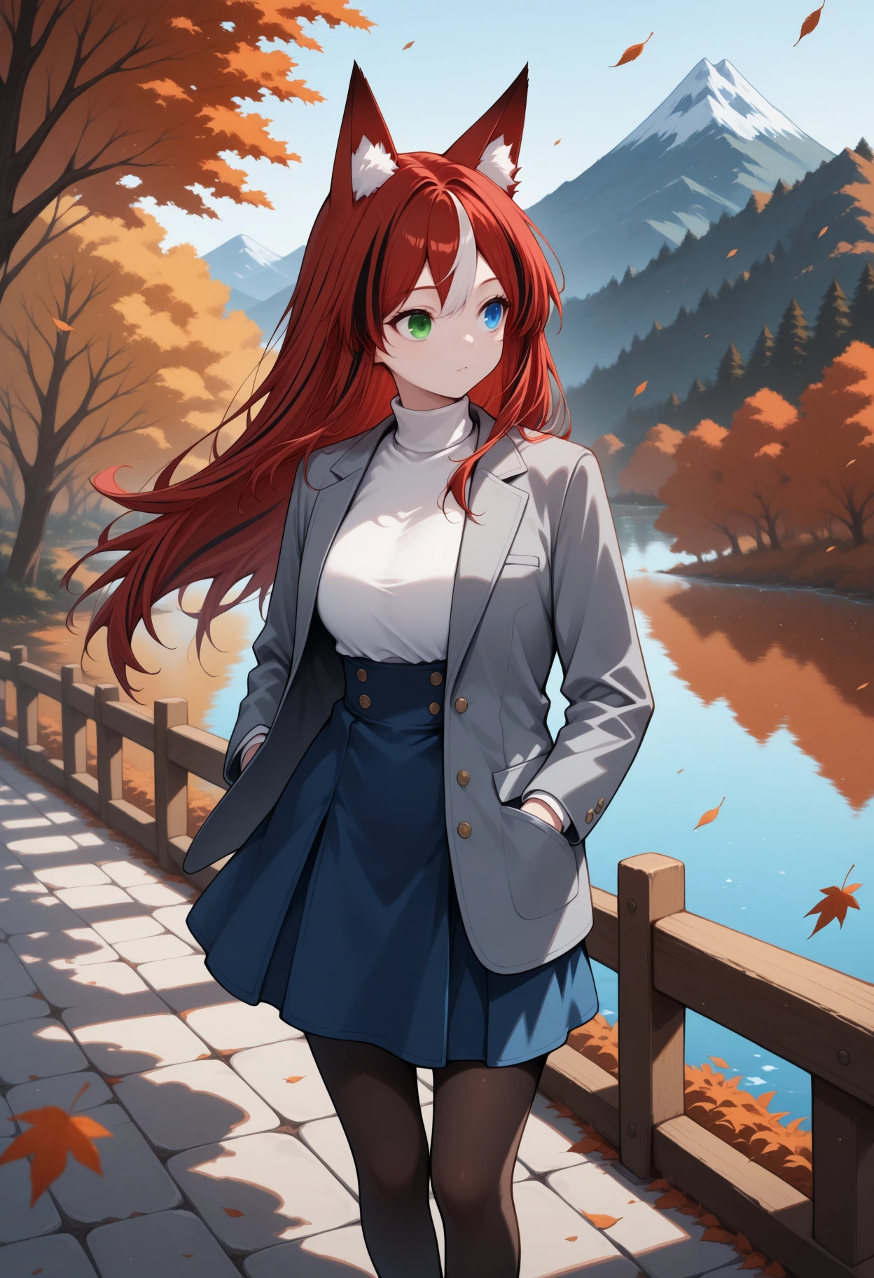 masterpiece, best quality, 1girl, solo, Bomba, heterochromia, green eye, blue eye, multicolored hair, streaked hair, red hair, black hair, animal ears, long hair, looking to the side, grey blazer, white turtleneck, high-waist skirt, blue skirt, pantyhose, hands in pocket, outdoors, autumn, lake, tree, mountain, falling leaves, wind, <lora:ChamBombaOCIllustriousXL:1>