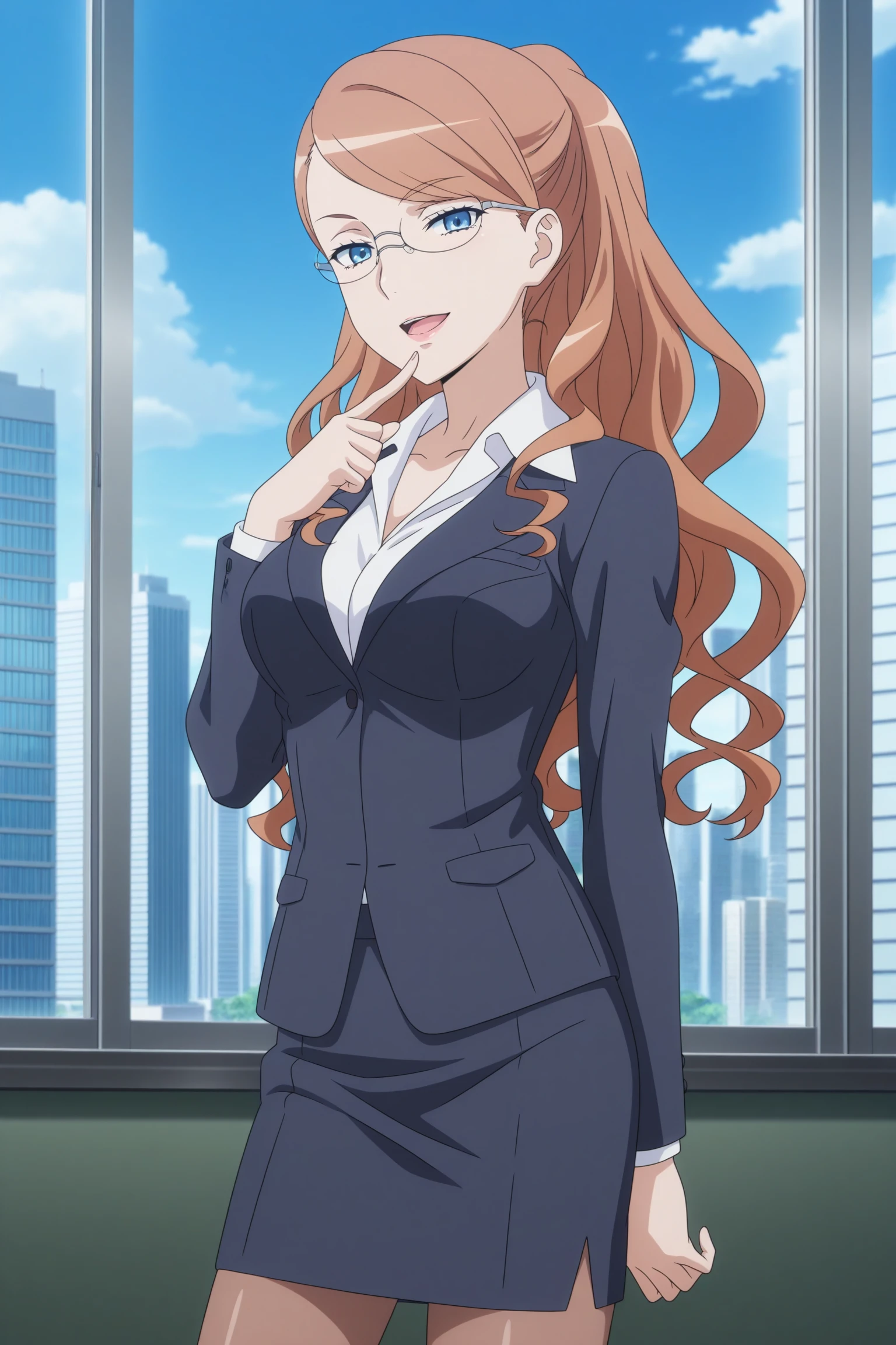 masterpiece, best quality, amazing quality, highres, absurdres, very aesthetic, high resolution, ultra detailed, perfect details, 1girl, solo, indoors, day, city, skyscraper, medium breasts, therestina kihara lifeline, brown hair, long hair, ponytail, wavy hair, blue eyes, glasses, suit, white shirt, collared shirt, black jacket, black skirt, pencil skirt, brown pantyhose, yellow footwear, high heelss, <lora:Therestina_Kihara_Lifeline_ILXL:0.8>, (aged up:1.2), looking at viewer, (cowboy shot:1.6), seductive smile, (pose:1.3), anime screencap, anime coloring, open mouth