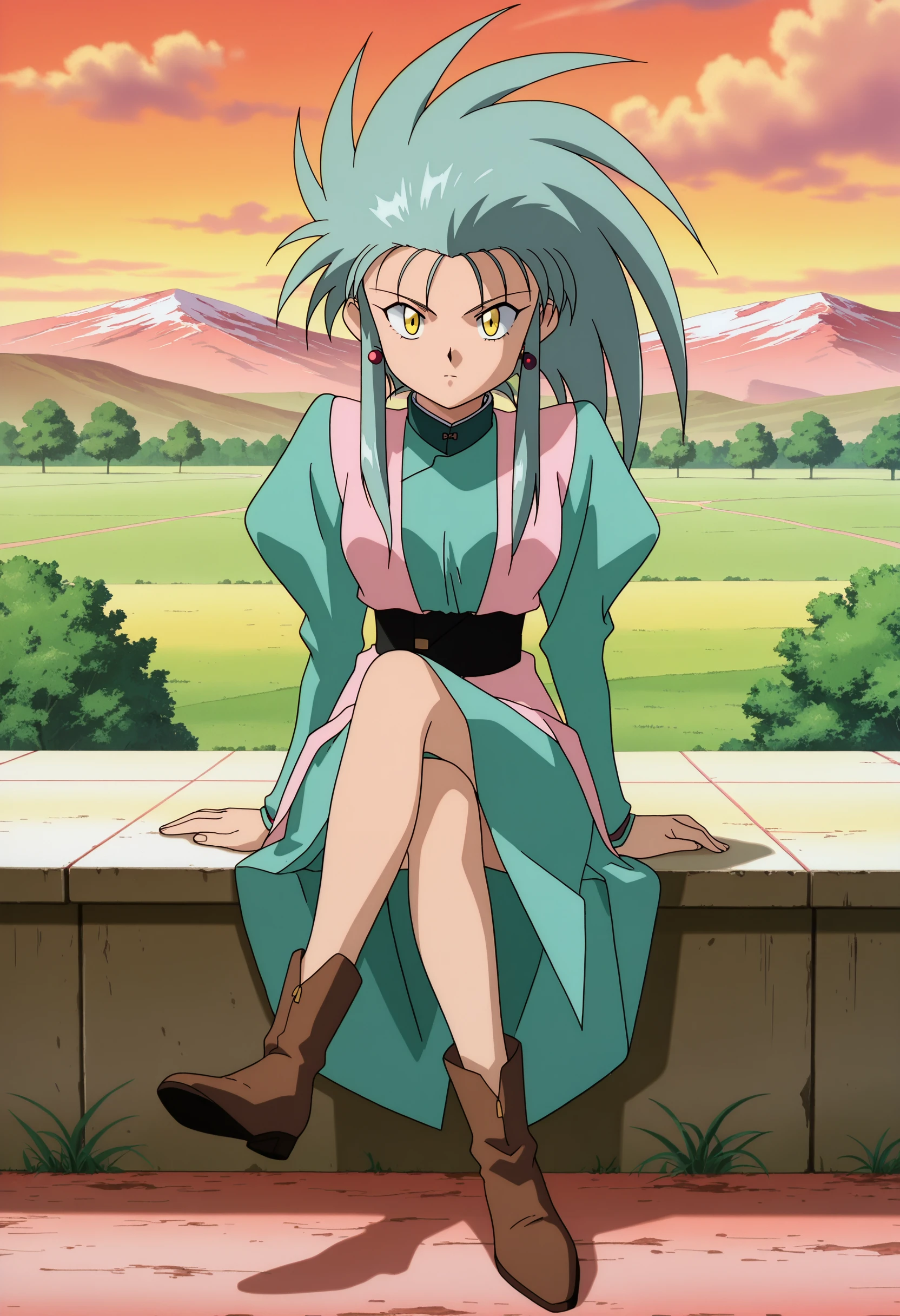 ry0, 1girl, solo, spiked hair, yellow eyes, long hair, earrings, looking at viewer, full body, sitting, brown footwear, crossed legs, outdoors, medium breasts, anime screencap, anime coloring