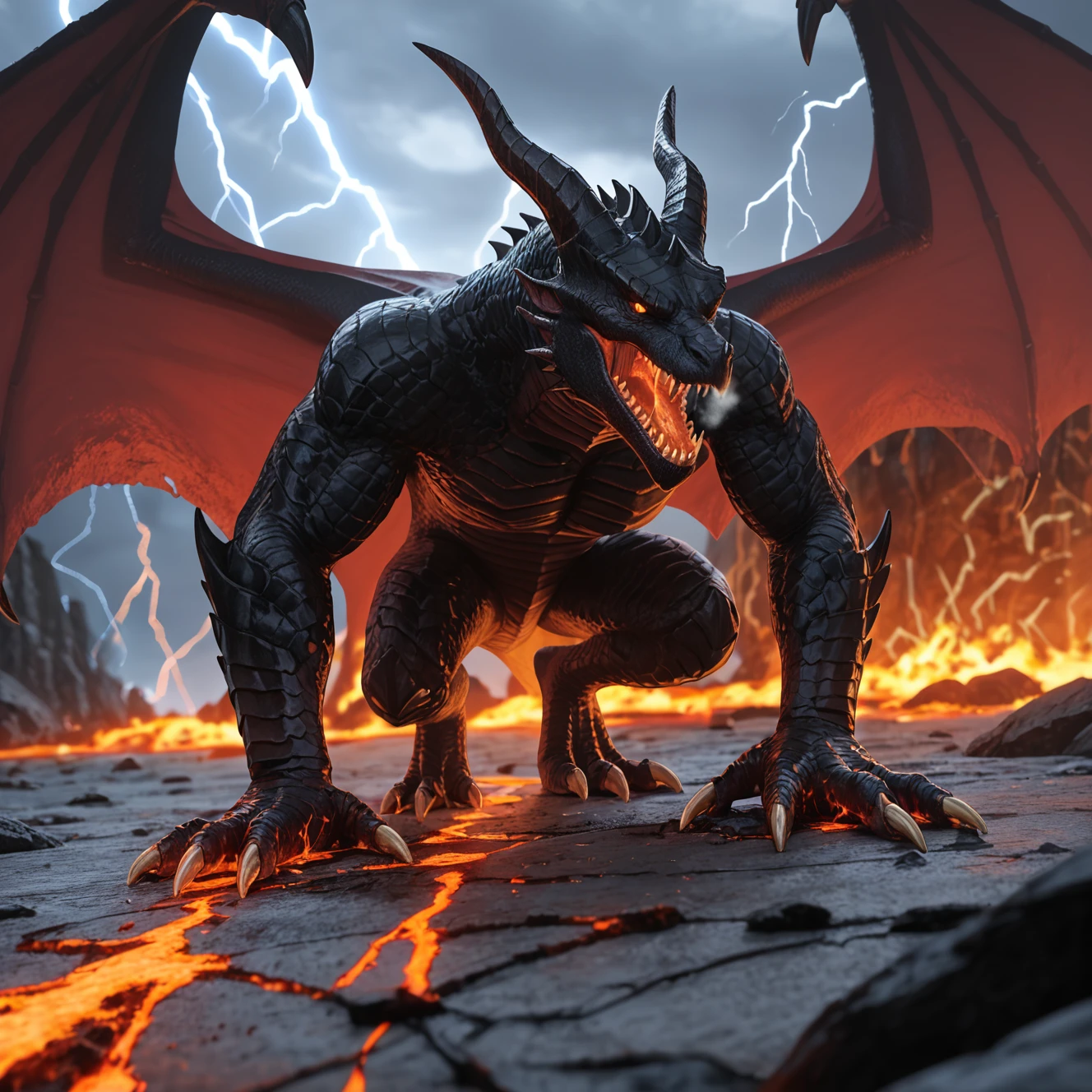 black dragon,dragon,western dragon,balrog \(lord of the rings\),demon,embers,fire,claws digging into the ground,breathing fire,black scales,monster,highres,the lord of the rings,no humans,animal focus,dragon,dragon horns,dragon wings,fantasy,horns,monster,monster focus,sharp teeth,teeth,wings,absurdres,highres,original,lightning,storm,lava,cracked skin,cracked floor,digging,claws,digital artwork,depth of field,blurry background,ray tracing,magma on claw,