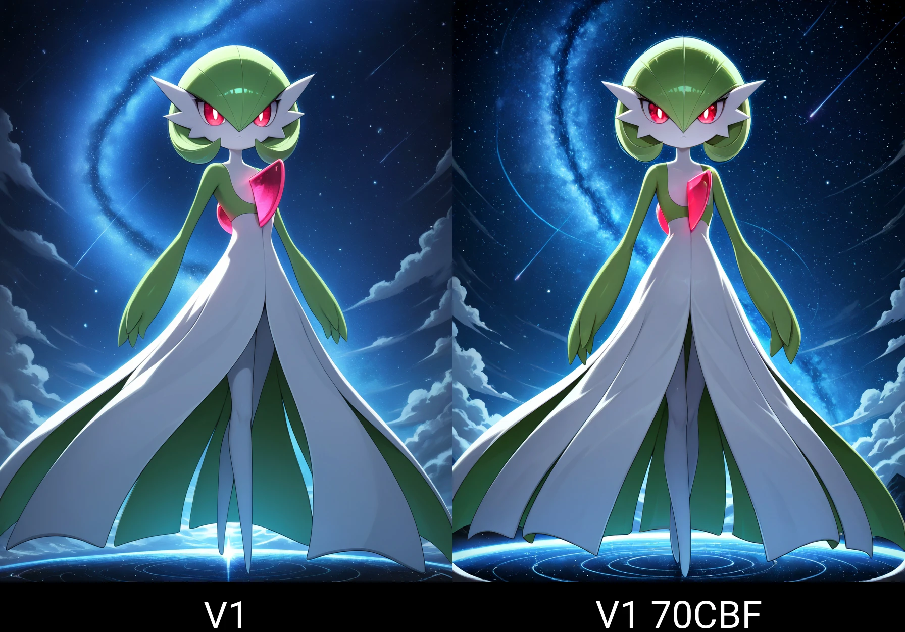 masterpiece, best quality, absurdres, safe,

gardevoir, pokemon, 

no humans, epic, magical, celestial atmosphere, serious atmosphere, ethereal, multicolored skin, red eyes, white dress, outdoors, pink gemstone, solo, white skin, bob cut, full body, star \(sky\), starry sky, arms at sides, green skin, black sclera, night, blue hair, closed mouth, looking at viewer, space, floating, standing, short hair, colored skin, green hair, colored sclera, bright pupils, two-tone skin, moonlight, dress, glowing, sky, white pupils,

The central figure is a character from the Pokémon series, specifically Gardevoir, depicted in a serene and ethereal setting. She stands gracefully against a backdrop of a starry night sky, with swirling clouds adding to the dreamlike atmosphere.