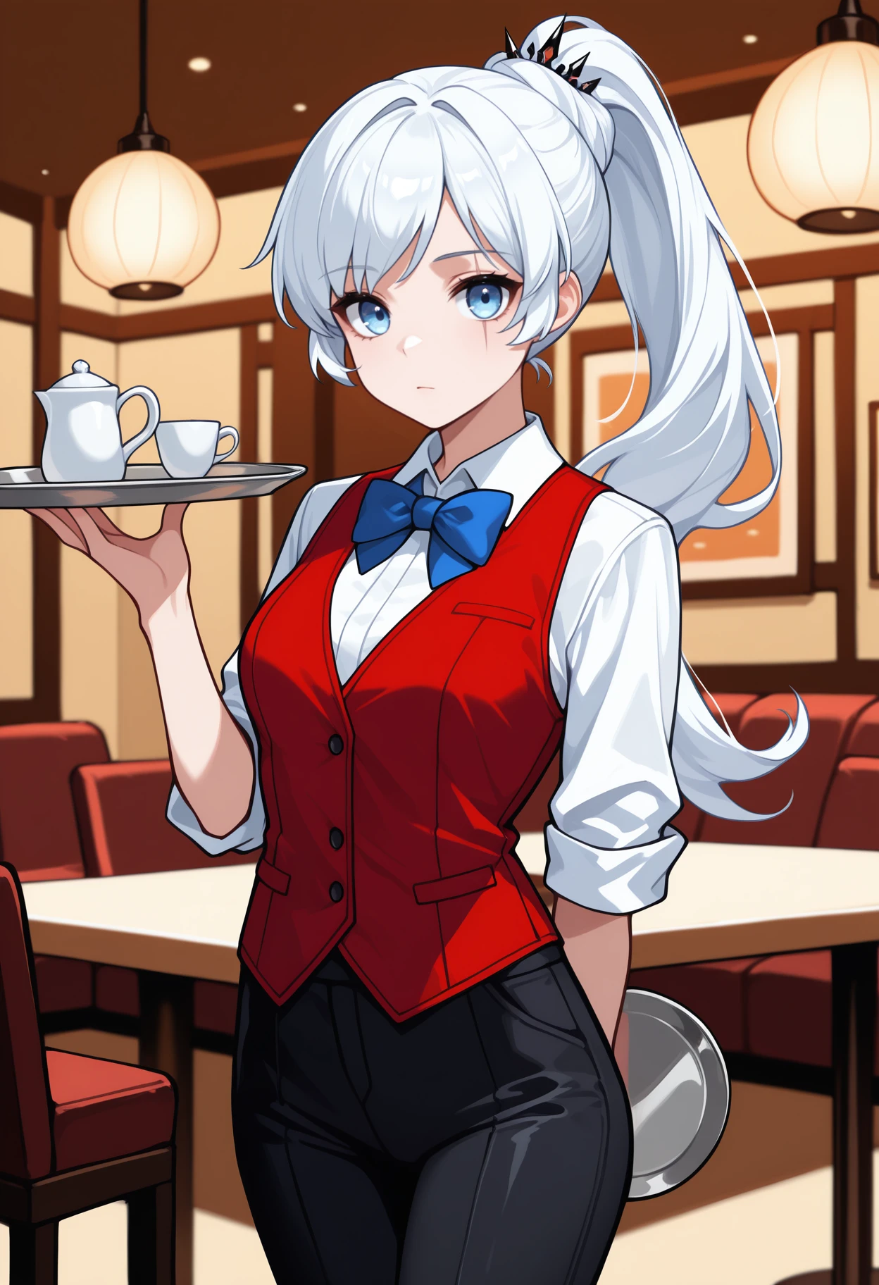 masterpiece, best quality, <break> cowboy shot, solo, 1girl, wsvale, scar across eye, expressionless, looking at viewer, standing, arm behind back, balancing, holding tray, long hair, white hair, ponytail, tiara, blue eyes, red vest, white shirt, collared shirt, blue bowtie, sleeves rolled up, black pants, indoors, restaurant, table
<segment:yolo-Anzhc Face seg 640 v2 y8n.pt,0.4,0.5//cid=1>