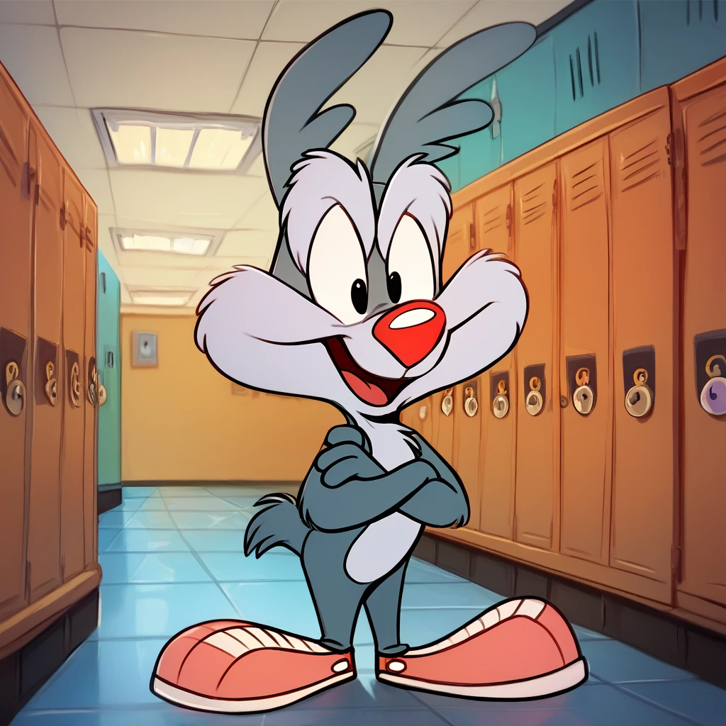 score_9, score_8_up, score_7_up, score_6_up, Calam1tyc0y0t3, 1boy, grey fur, red nose, shoes, Crossed arm, looking at viewer, smiling, open mouth,

School hallway, lockers, doors
