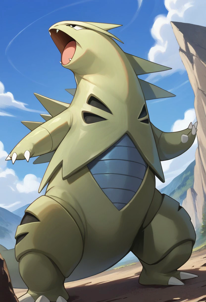 (source_anime, score_9, score_8_up, score_7_up:1), no humans, solo male, tyranitar, feral, looking to the side, open mouth, outdoors, mountains