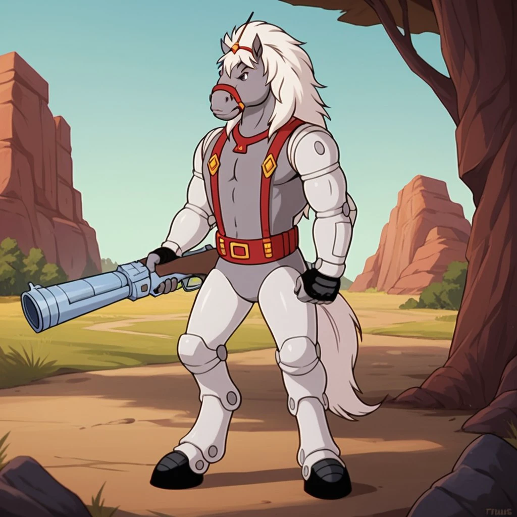 score_9, score_8_up, score_7_up, score_6_up, score_5_up, score_4_up, source_furry, thirty/thirtyBs, anthro, male, horse, grey fur, white hair, robotic limbs, red harness, in a forest, standing, holding, gun, blunderbuss,, <lora:60a2c6d0-0252-449d-88b6-ffdf35253f61:0.7>