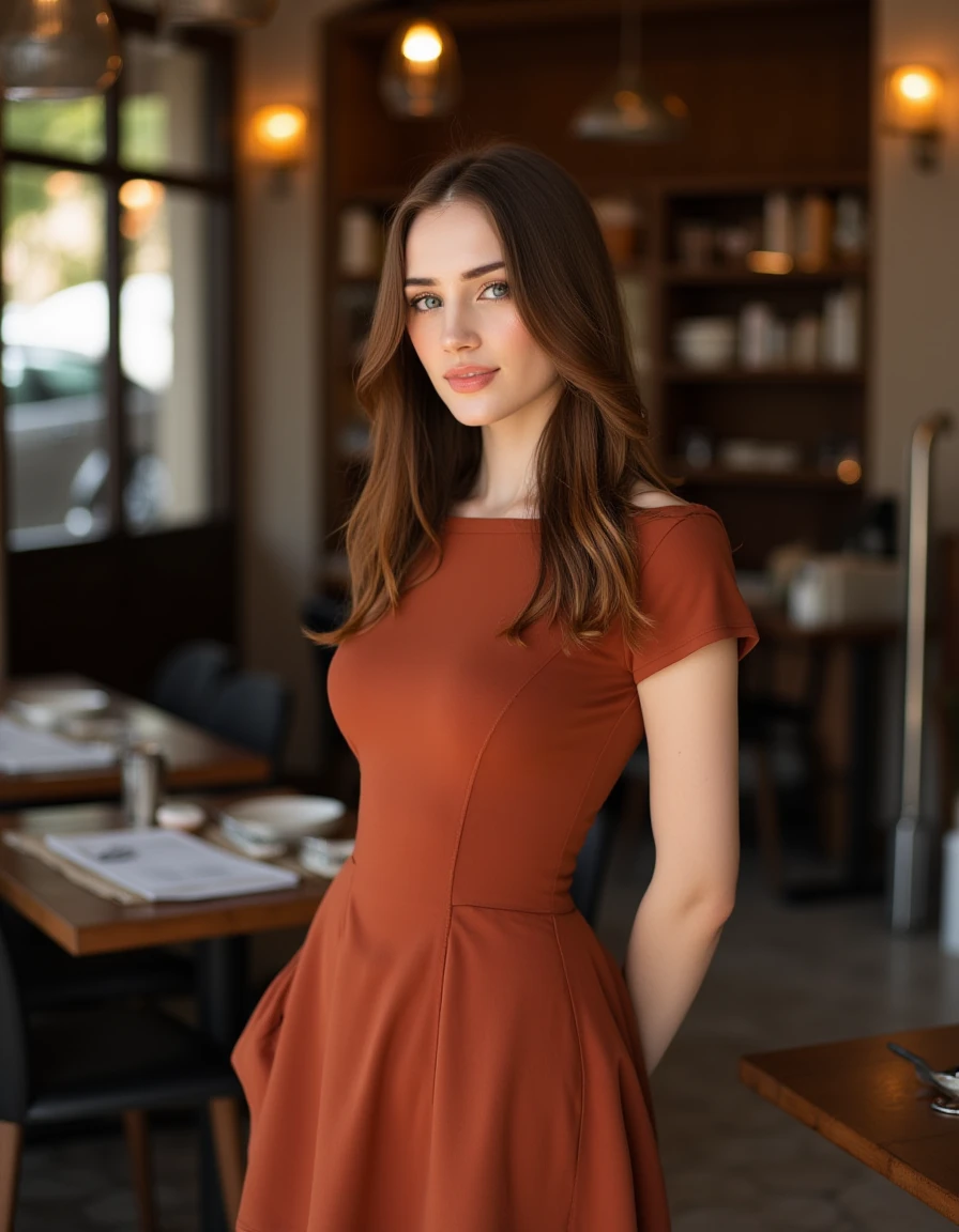 <lora:Mary_Amber_Flux:1>  beautiful detailed photograph, hair cascading over her shoulders,  wearing a boatneck dress, standing in a cafe, looking at the viewer, smile