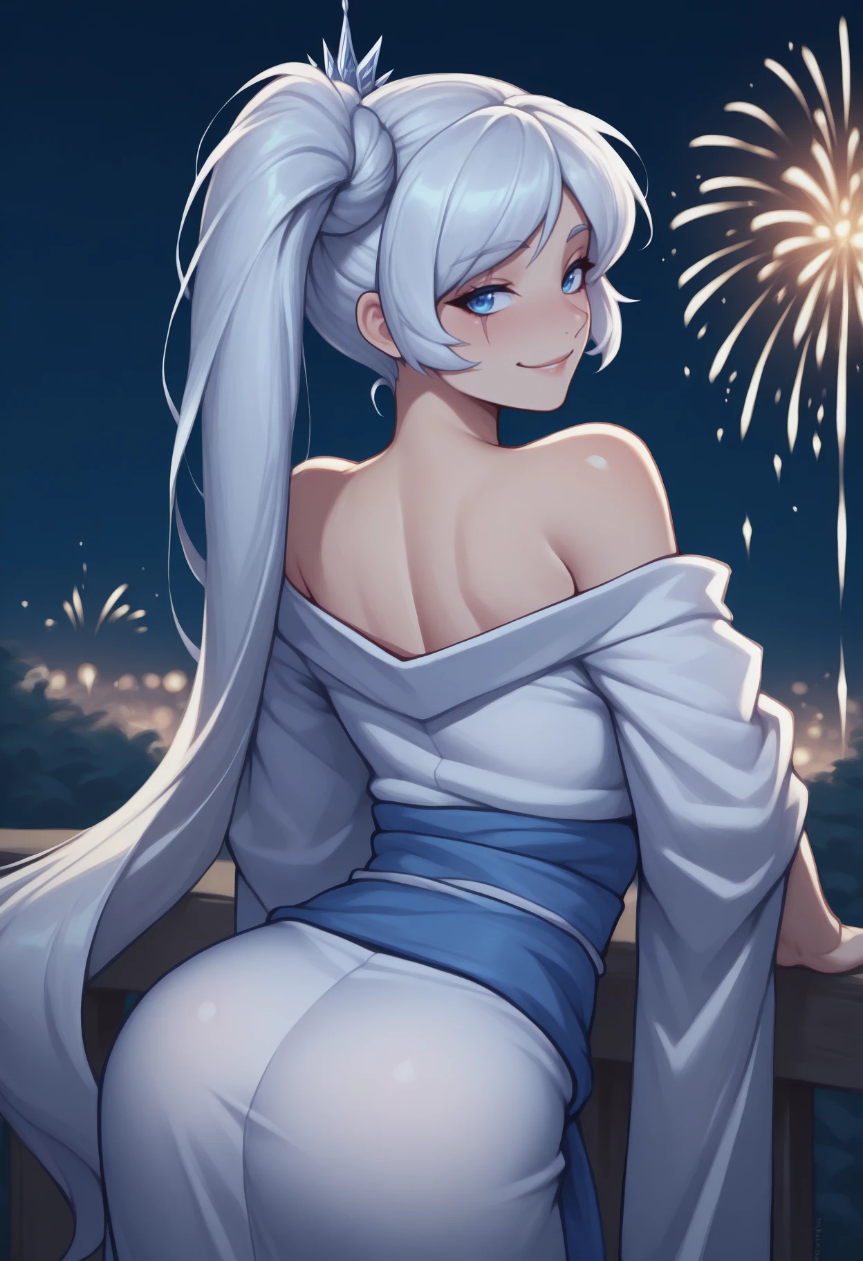 anime, masterpiece, best quality, <break> solo, 1girl, wsmistral, scar across eye, smile, looking back, long hair, white hair, side ponytail, tiara, blue eyes, japanese clothes, white kimono, off shoulder, blue sash, bare shoulders, outdoors, night, fireworks
<segment:yolo-Anzhc Face seg 640 v2 y8n.pt,0.4,0.5//cid=1>