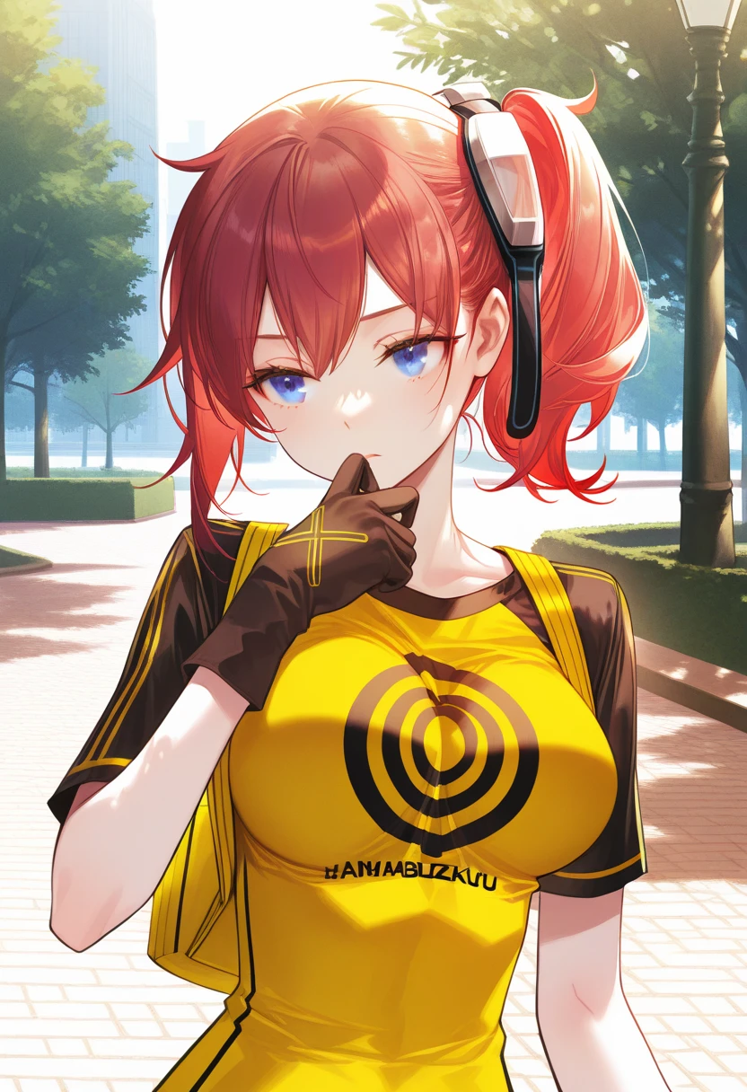 artist:gomzi,artist:wanke,artist:diyokama, rei_(sanbonzakura),[[artist:fuzichoco]],year 2023,
1girl, solo, aiba ami, blue eyes, red hair, side ponytail, goggles,
two-tone shirt, print shirt, yellow shirt, black sleeves, short sleeves, yellow bag, backpack, single glove,
upper body,
park,
<lora:dscs_humancharacters.ilxl:1>