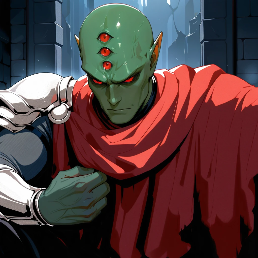 masterpiece, best quality, amazing quality, very aesthetic, absurdres, newest, drvenoilxl, 1boy, red eyes, 3 eyes on forehead, forehead eyes, male focus, pointy ears, green skin, pauldron, vambraces, bald, scowl, serious, red cloak, mature male, wrinkles