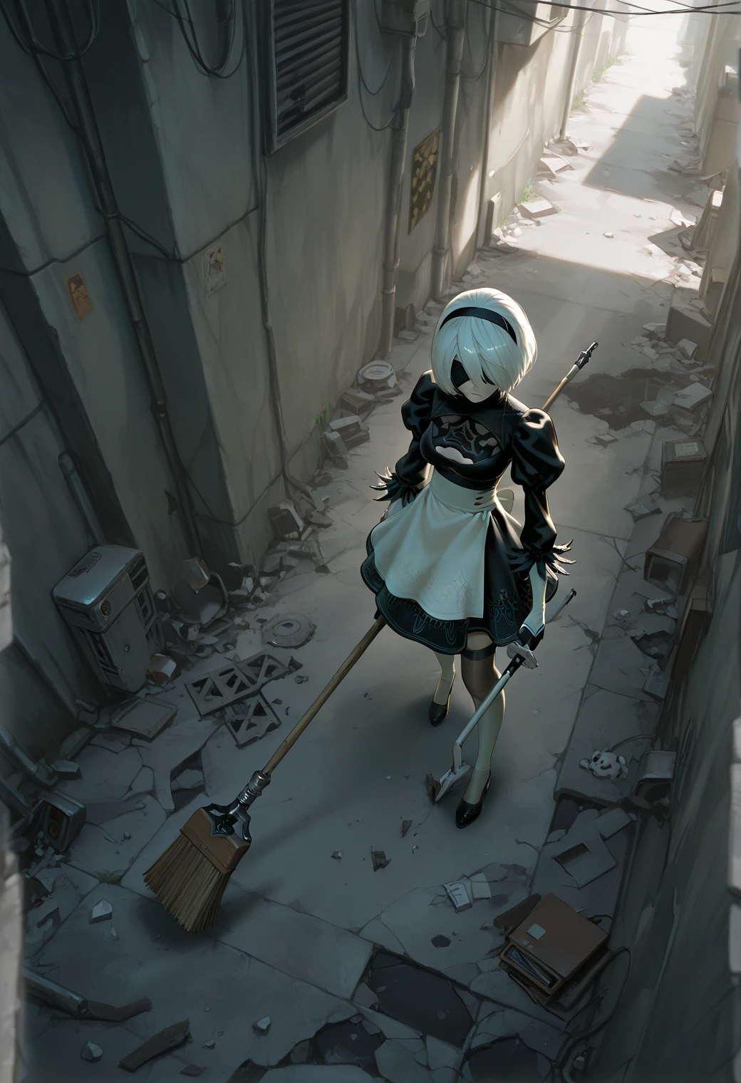 1girl,2b \(nier:automata\),chaotic scene,broken scene,a messy alley,maid,sweeping,broom in hand,from_above,