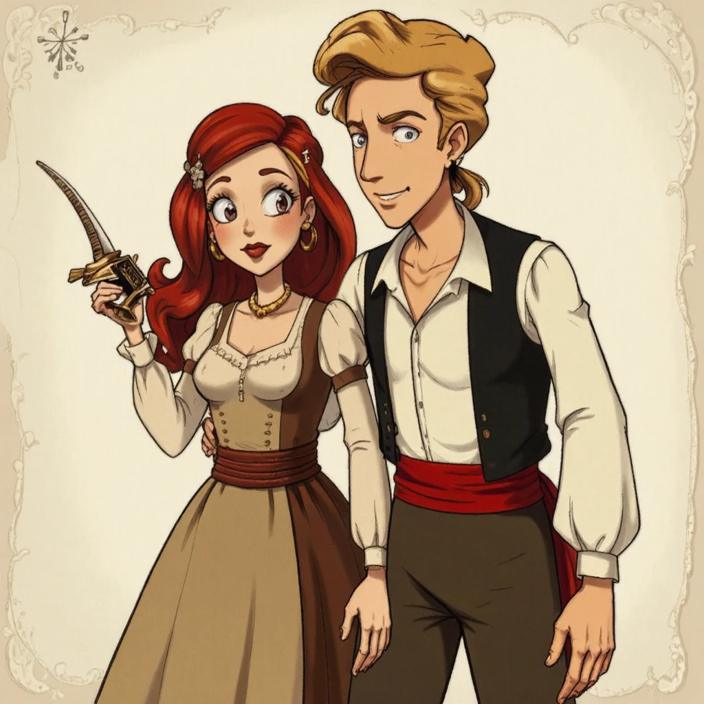 Bill_Tiller_Style. Man Guybrush Threepwood with woman Elaine Marley