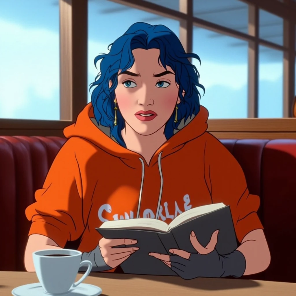Disney anime of Kate Winslet in Disney Morph Disney style, Kate Winslet’s character Clementine wears a bright orange hoodie layered with gray fingerless gloves, exuding a casual and bold style. Her hair is dyed vibrant blue, free-spirited personality, she sitting in a diner booth, engrossed in reading a book while holding it close, with a cup of coffee on the table beside her. The setting appears cozy and relaxed, with natural light streaming in through the large window behind her, adding to the calm and introspective mood