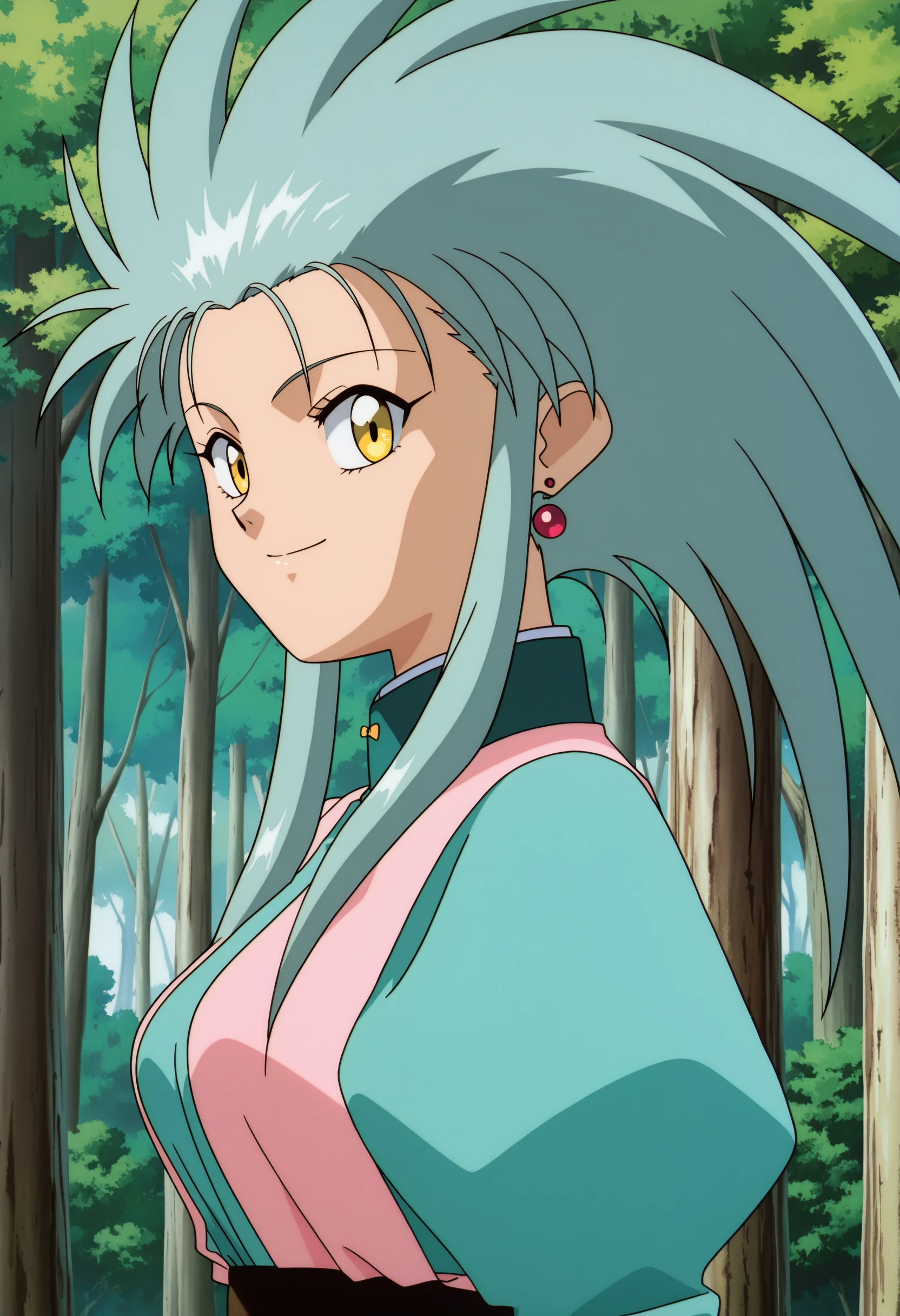 ry0, 1girl, solo, spiked hair, yellow eyes, long hair, earrings, looking at viewer, smile, from side, outdoors, forest, medium breasts, anime screencap, anime coloring