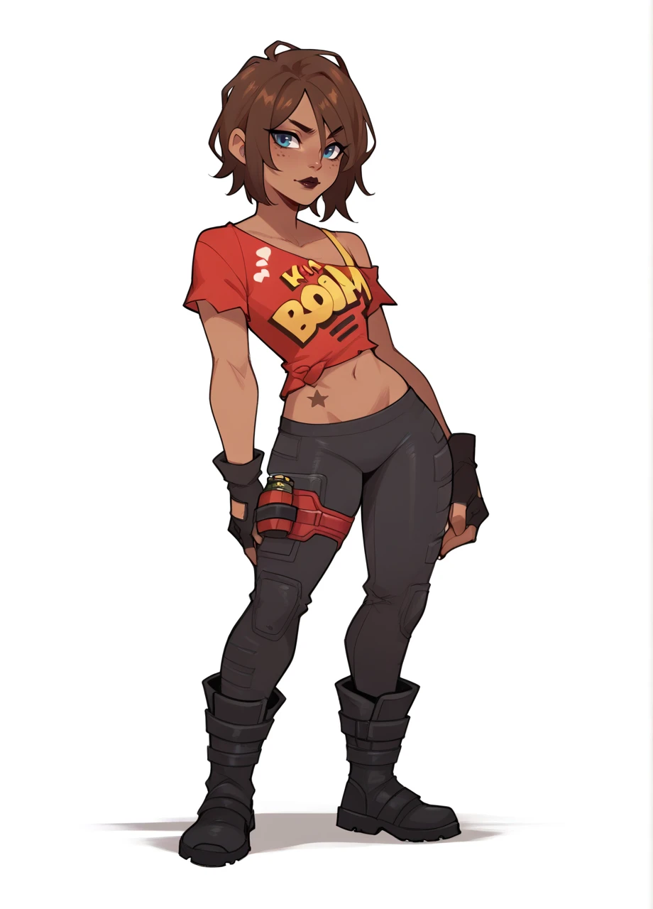 1girl, solo, full body, chibi, white background, dark skin, brown hair, lipstick, tinadef, short hair, print shirt, off shoulder, black pants, thigh holster, fingerless gloves, boots <lora:FN_TNTina-PONY:0.8>, score_8_up, score_7_up, score_6_up, score_5_up, score_4_up,