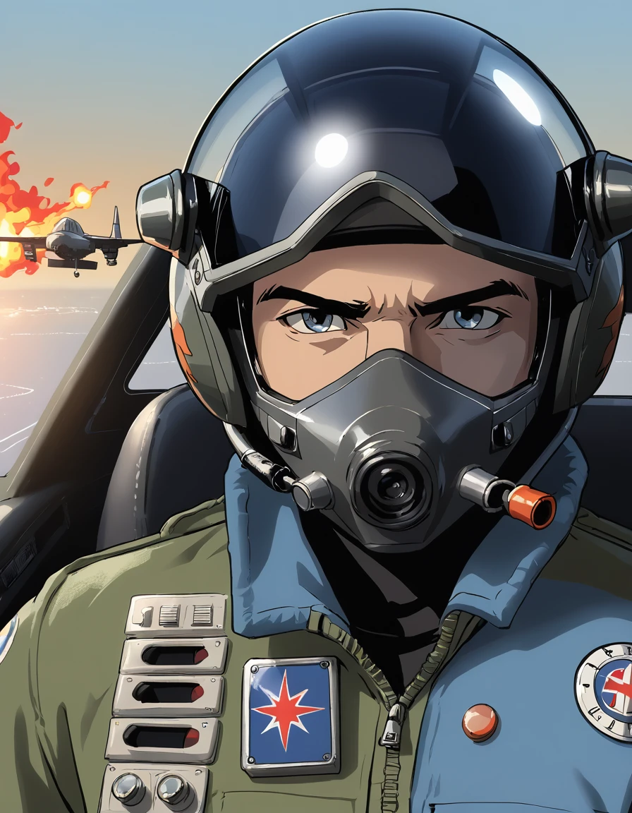 50yo man, jet pilot, cockpit, (fiery explosions in background), volumetric lighting, dark blue grey and black hues, dark atmosphere,  minimalist artbook illustration style with pronounced outlines, helmet, intese focus