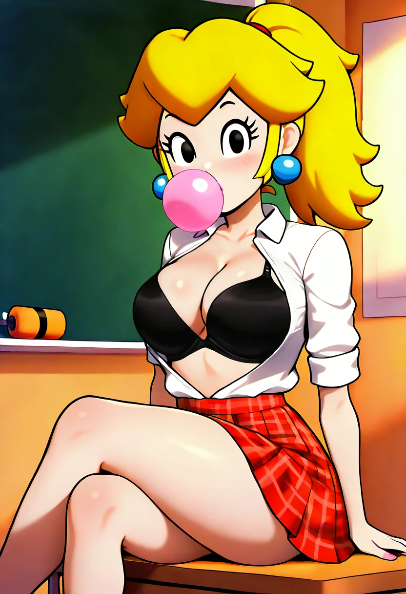 princess peach, black eyes, ponytail, chewing gum, pink bubble, school uniform, plaid skirt, open shirt, wearing a white shirt with a black bra underneath, cleavage, skirt, crossed legs, table, chalkboard, looking at viewer, bedroom eyes, sunset
<lora:Princess_Peach_IL-000010:1>, masterpiece, best quality, newest, absurdres, highres <lora:Bombshell_IL:1>