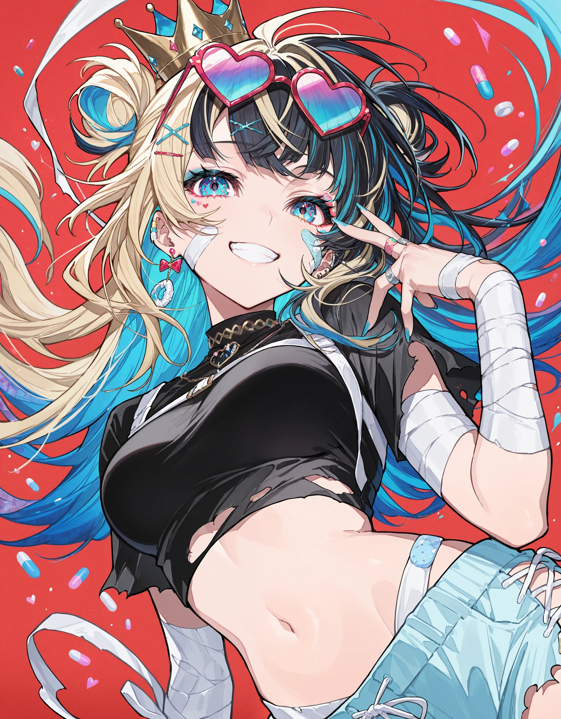 masterpiece, best quality, very aesthetic, absurdres, newest, <lora:Mika:1>,abstract, 1girl, solo, long hair, looking at viewer, smile, blue eyes, blonde hair, shirt, black hair, hair ornament, navel, jewelry, blue hair, heart, earrings, nail polish, grin, torn clothes, black shirt, mask, floating hair, heterochromia, bandages, sunglasses, ring, crown, candy, bandaid, eyewear on head, red background, blue nails, bandaged arm, bandaid on face, heart-shaped eyewear, pill