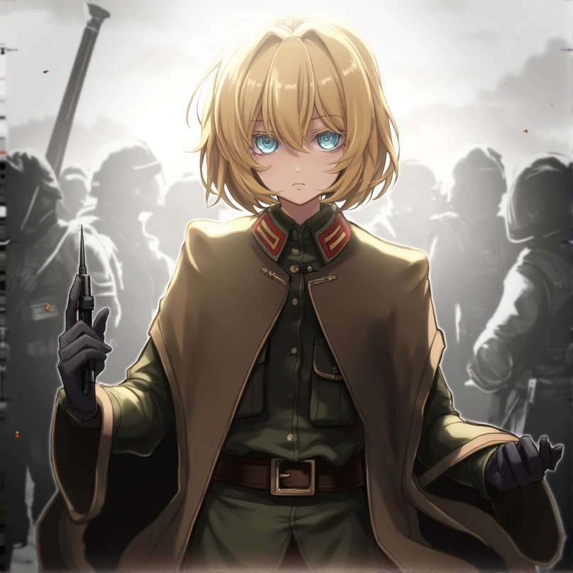 masterpiece,high resolution,super realistic,TanyaDegurechaff,coat , 1girl, solo, looking at viewer, short hair, blue eyes, blonde hair,looking at viewer,battlefield backround,front view, 
, <lora:Tanya_Degurechaff_manga_style_flux:0.8>,