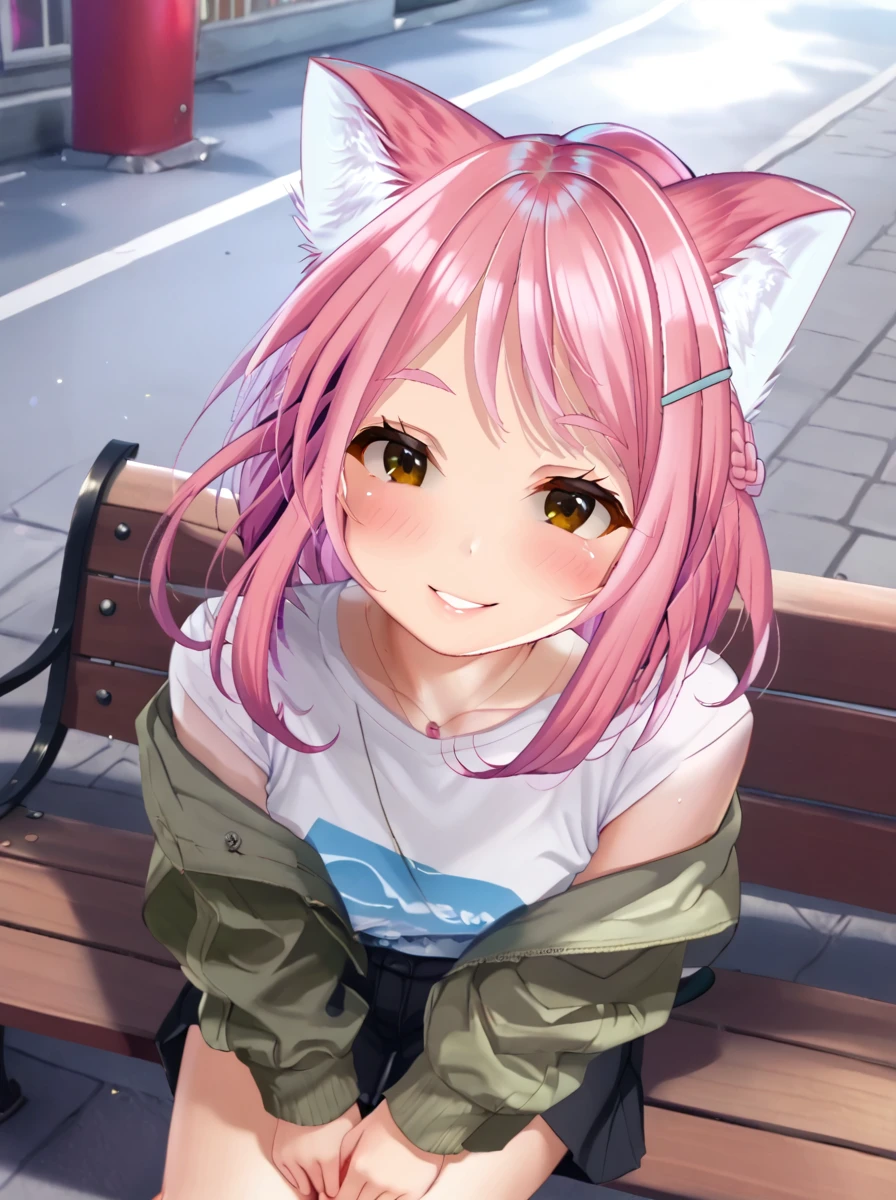 detailed background, posing, rating safe,
<lora:nekowaifu.pony:1>,
nekowaifu, sara, 
casual fashion, 
street,  bench, sit, looking at viewer, smile, bent over,  high angle,