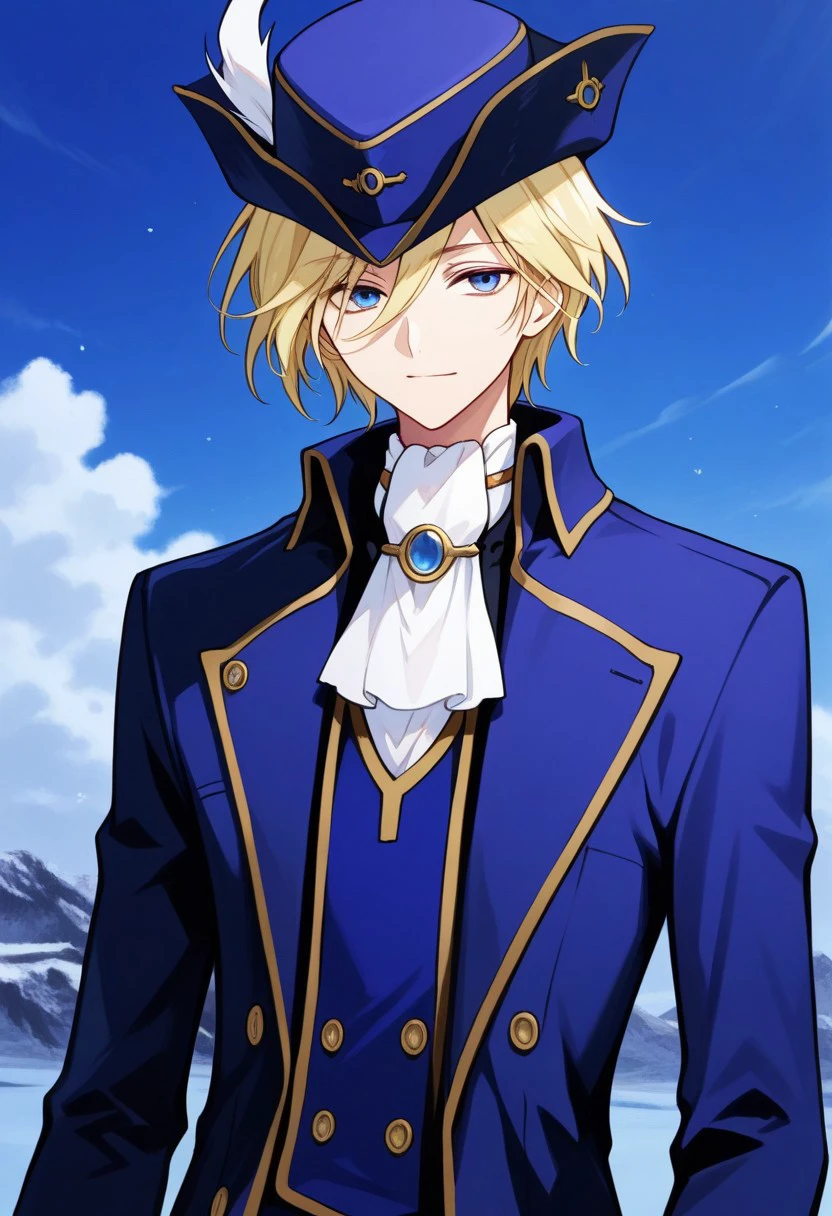 masterpiece, best quality, slender
fayd, 1boy, solo, male focus, blue eyes, blonde hair, ascot, white ascot, coat, blue coat, tricorn hat
outdoor,