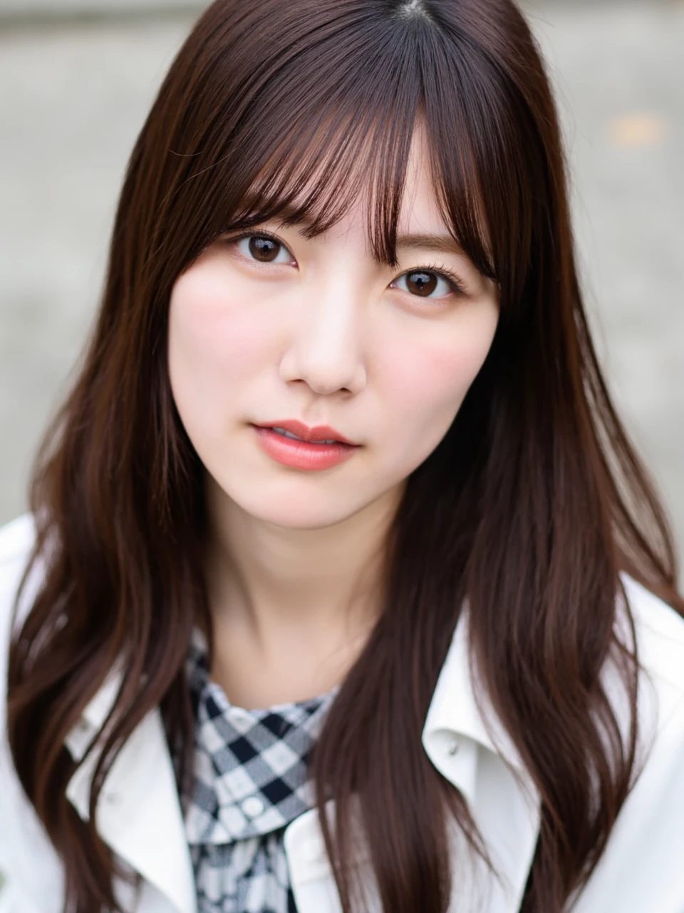 The image is a portrait of a young Asian woman named kawata with very long brown hair and bangs. She is wearing a white blouse with a black and white checkered blouse underneath. Her hair is styled in loose waves and falls over her shoulders. She has a serious expression on her face and is looking directly at the camera. The background is blurred, but it appears to be an outdoor setting with a concrete floor. The overall mood of the image is serious and contemplative. 