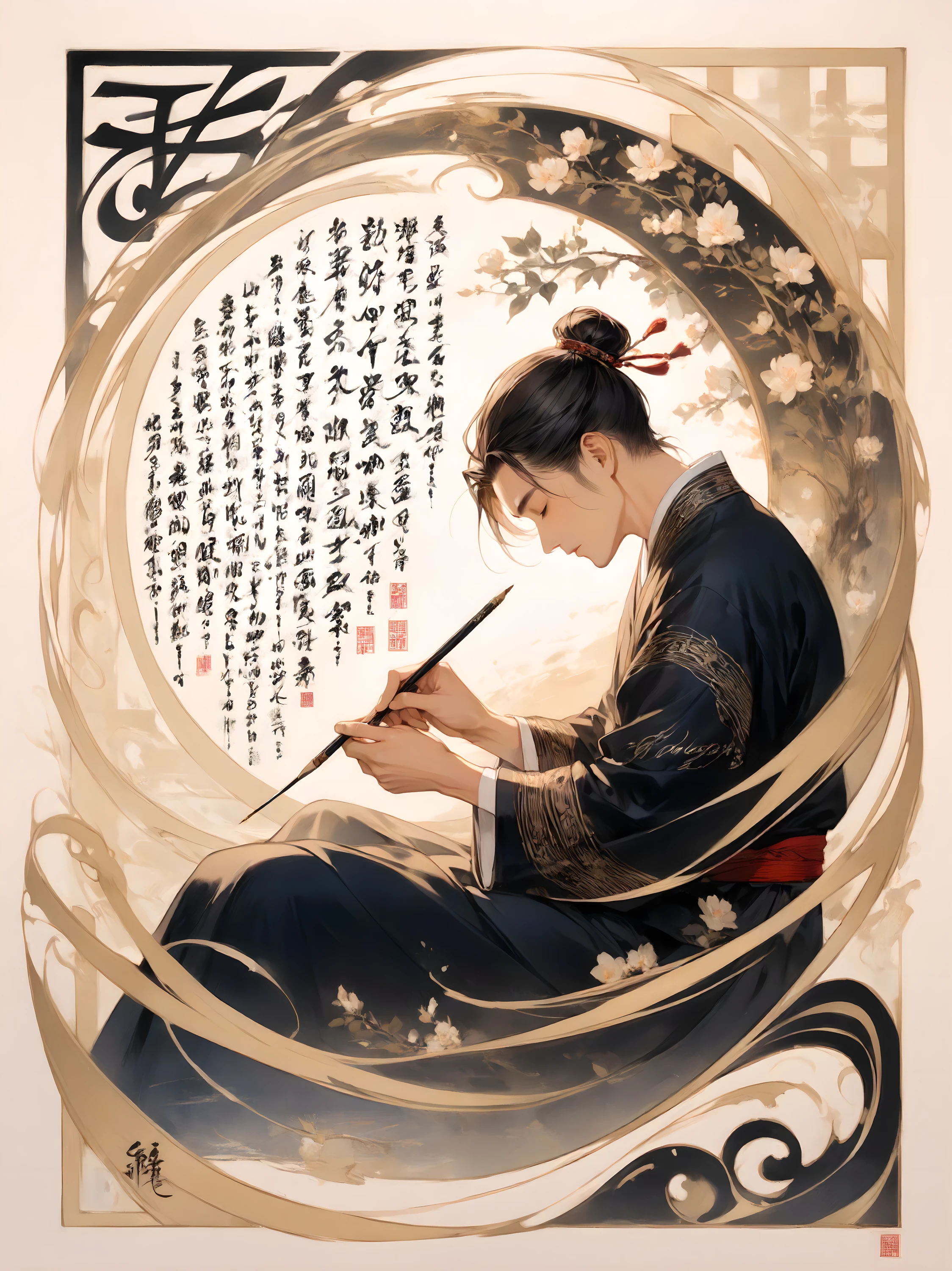 Best quality, masterpiece, calligraphy patterns, artistic lettering, beautiful scripts, visual poetry, cultural expression, decorative writing, 1 veteran male, from side, The image of a dream that continues to slowly dance in the dream, Quietly drifting and spreading