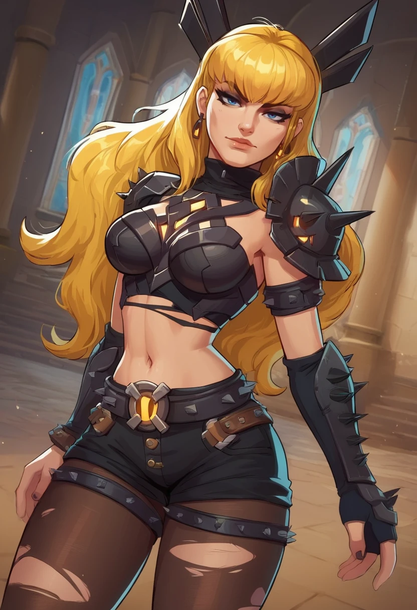 score_9, score_8_up, score_7_up, score_6_up, expressiveh, magik_rivals, 1girl, solo, blonde hair, long hair, hair accessory, eyeliner, blue eyes, earrings, cropped bodysuit, black bodysuit, armor, belt, gloves, black gloves, black clothes, pauldrons, vambraces, midriff, navel, short shorts, yellow details, pantyhose, ripped pantyhose, spikes, fantasy background, indoors, dynamic angle, dynamic pose, fantasy castle, posing, pose, looking at viewer, closed mouth, indoors, godrays, half-closed eyes, adult woman, elegant, breasts, seductive smile, teasing, dutch angle, cowboy shot, masterpiece, best quality, leaning forward,<lora:cubedcoconutv2:0.9><lora:Magik_Marvel_Rivals_-_PonyXL:0.7>