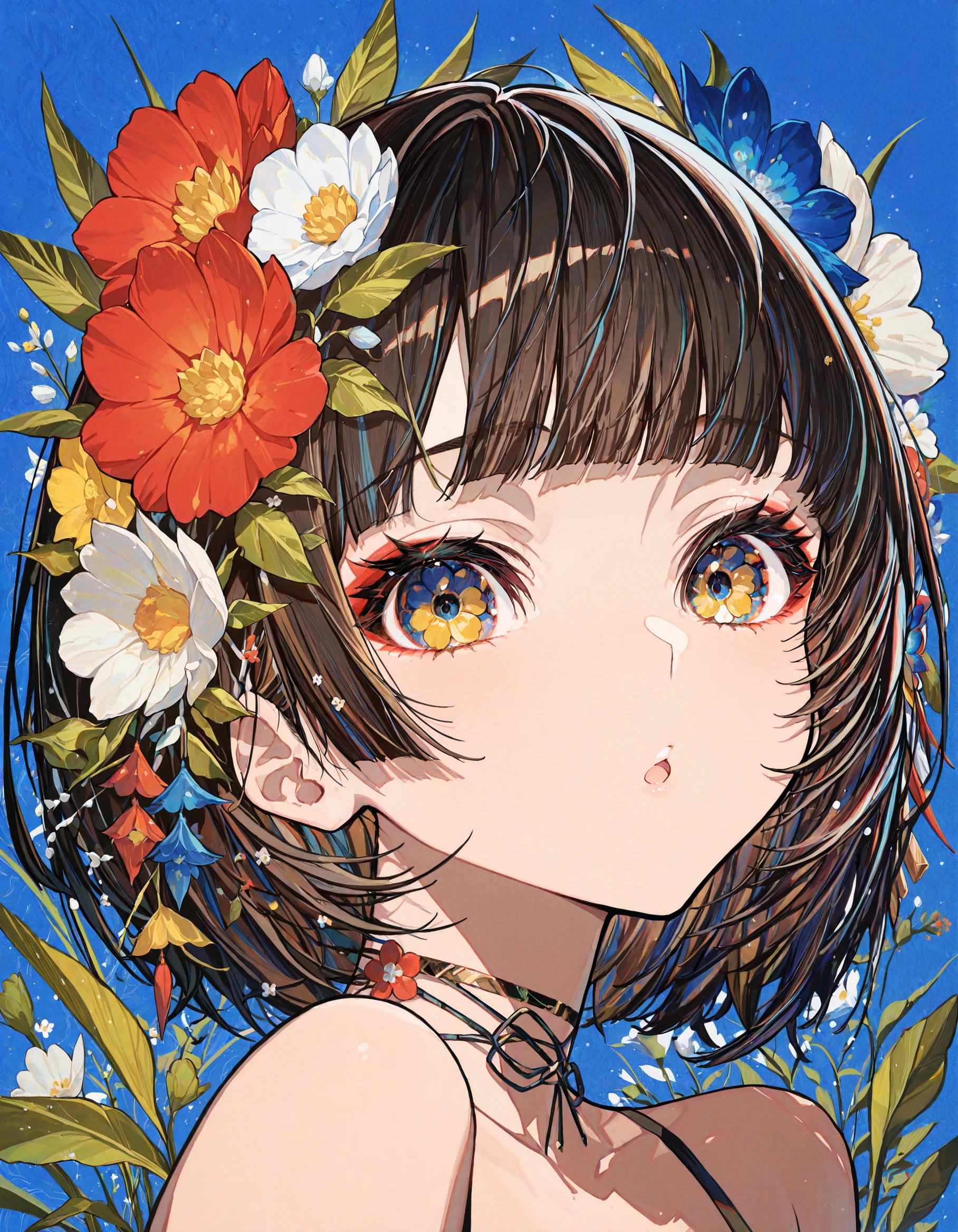 masterpiece, best quality, aesthetic, absurdres, newest,<lora:Mika:1>,abstract, 1girl, solo, looking at viewer, short hair, brown hair, black hair, hair ornament, flower, parted lips, choker, hair flower, blunt bangs, :o, leaf, blue background, plant, white flower, red flower, portrait, blue flower, yellow flower