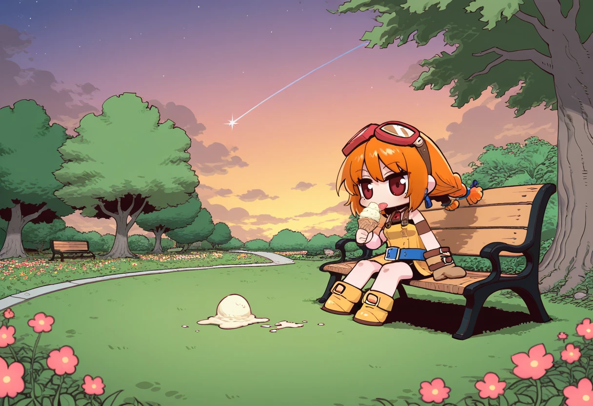 naga u, ssambatea, infukun, 1girl, solo, aika, aika \(eternal arcadia\), orange hair, brown eyes, low twintails, twin braids, goggles, single glove, chibi, sitting, from-the-side, holding-ice-cream-cone, flower-field, tree, cloud, scenery, public park, park bench, single shooting star, evening, licking ice cream, ice cream cone spill,
absurdres, highly-detailed, best quality, masterpiece, very aesthetic, <lora:Aika_Eternal_Arcadia-000077:0.6>