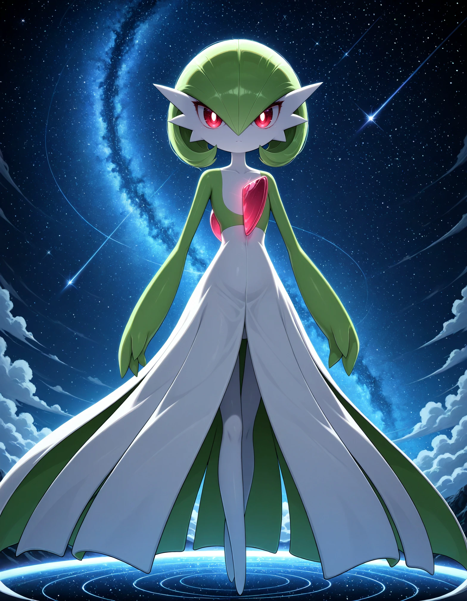 masterpiece, best quality, absurdres, safe,
gardevoir, pokemon, 
no humans, epic, magical, celestial atmosphere, serious atmosphere, ethereal, multicolored skin, red eyes, white dress, outdoors, pink gemstone, solo, white skin, bob cut, full body, star \(sky\), starry sky, arms at sides, green skin, black sclera, night, blue hair, closed mouth, looking at viewer, space, floating, standing, short hair, colored skin, green hair, colored sclera, bright pupils, two-tone skin, moonlight, dress, glowing, sky, white pupils,
The central figure is a character from the Pokémon series, specifically Gardevoir, depicted in a serene and ethereal setting. She stands gracefully against a backdrop of a starry night sky, with swirling clouds adding to the dreamlike atmosphere.