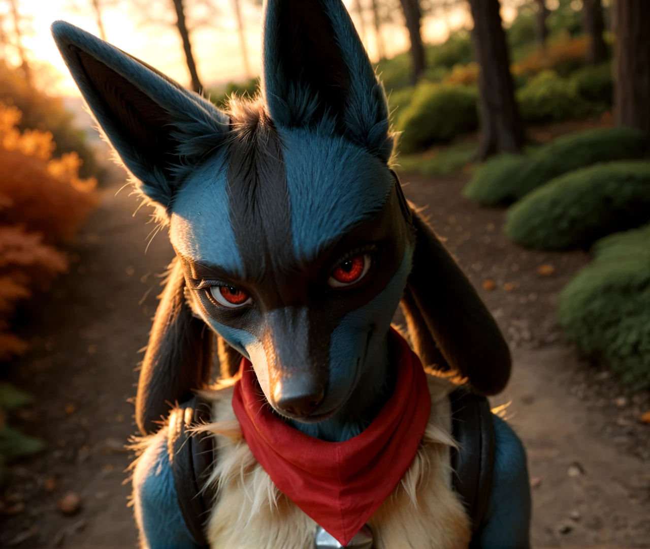 photorealistic, masterpiece, source_photo, source_realistic, hyper-realistic, realistic, portrait view, head close-up, bird's eye view, solo focus, ((photorealistic fluffy lucario)), realistic fur, fur, detailed fur, fluffy fur, looking at viewer, sharp eyes, narrowed eyes, eye lids, half-lidded eyes, three fingers, autumn forest, dirt path, smiling at viewer, smug expression, wearing red bandana around neck, standing, 
BREAK
impressive lighting, dark shadows, deep colors, visually striking, dark lighting, shadow casting, sunset,