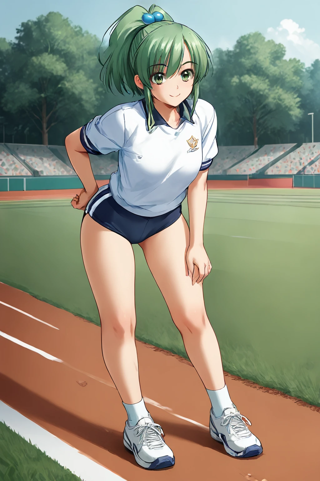 score_9, score_8_up, score_7_up, score_6_up, score_9, score_8_up, score_7_up, score_6_up source_anime,zPDXL3,full body,(standing), track and field,
<lora:Takamiya_Chinatsu:.8> TakamiyaChinatsu, 1girl, solo,   smile,  hair ornament,  ponytail, green hair,  hair bobbles,slim legs,
<lora:StS_PonyXL_Detail_Slider_v1.4_iteration_3:.5>
gym uniform, buruma,sneakers, shirt,