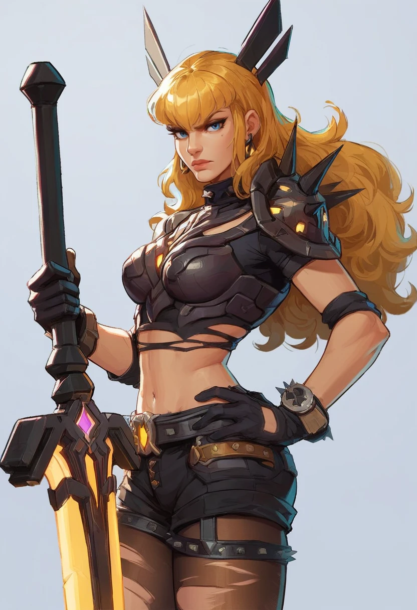 score_9, score_8_up, score_7_up, score_6_up, expressiveh, magik_rivals, 1girl, solo, cowboy shot, blonde hair, long hair, hair accessory, eyeliner, blue eyes, earrings, cropped bodysuit, black bodysuit, armor, belt, gloves, black gloves, black clothes, pauldrons, midriff, navel, short shorts, yellow details, pantyhose, ripped pantyhose, spikes, holding sword, holding weapon, huge weapon, magik sword, glowing sword, yellow sword, weapon, posing, hand on hips, simple background, simple background, geometric shapes <lora:Magik_Marvel_Rivals_-_PonyXL:0.8>