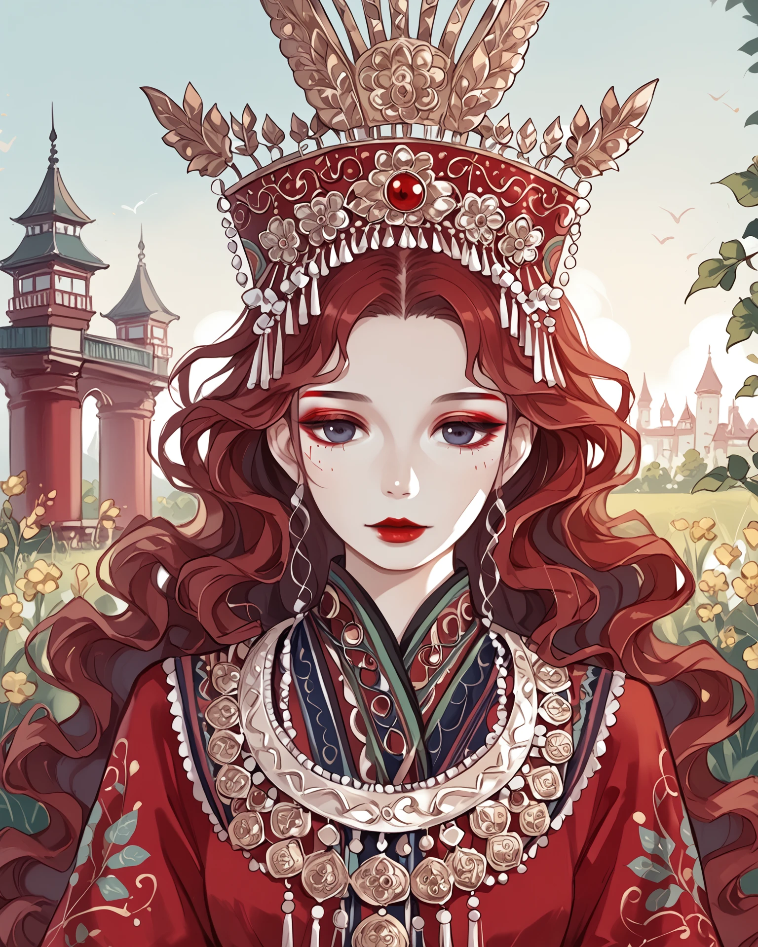 1girl, wearing miaofashion, miaofashion headdress, waist-up, ornate clothing, wavy hair, daffodils, head tilt, red eyeliner, extremely detailed, digital art, masterpiece, absurdres, highest quality, score_9, score_8_up, score_7_up, outdoors, <lora:MiaoFashion_XL-000014:1>,   <lora:DKXLP:1> DK